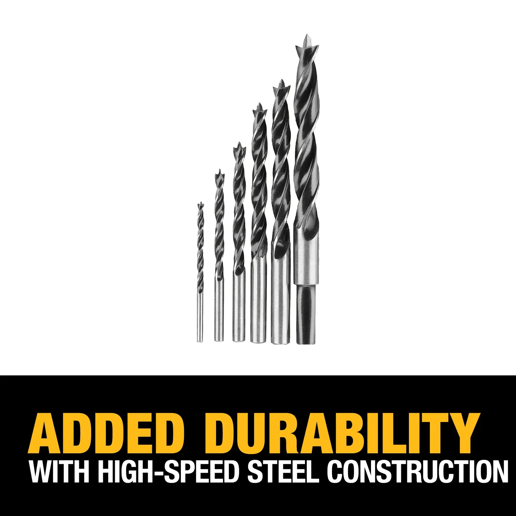 A set of six DEWALT high-speed steel drill bits in increasing sizes, arranged upright on a white background with text below that reads: 'ADDED DURABILITY WITH HIGH-SPEED STEEL CONSTRUCTION.'