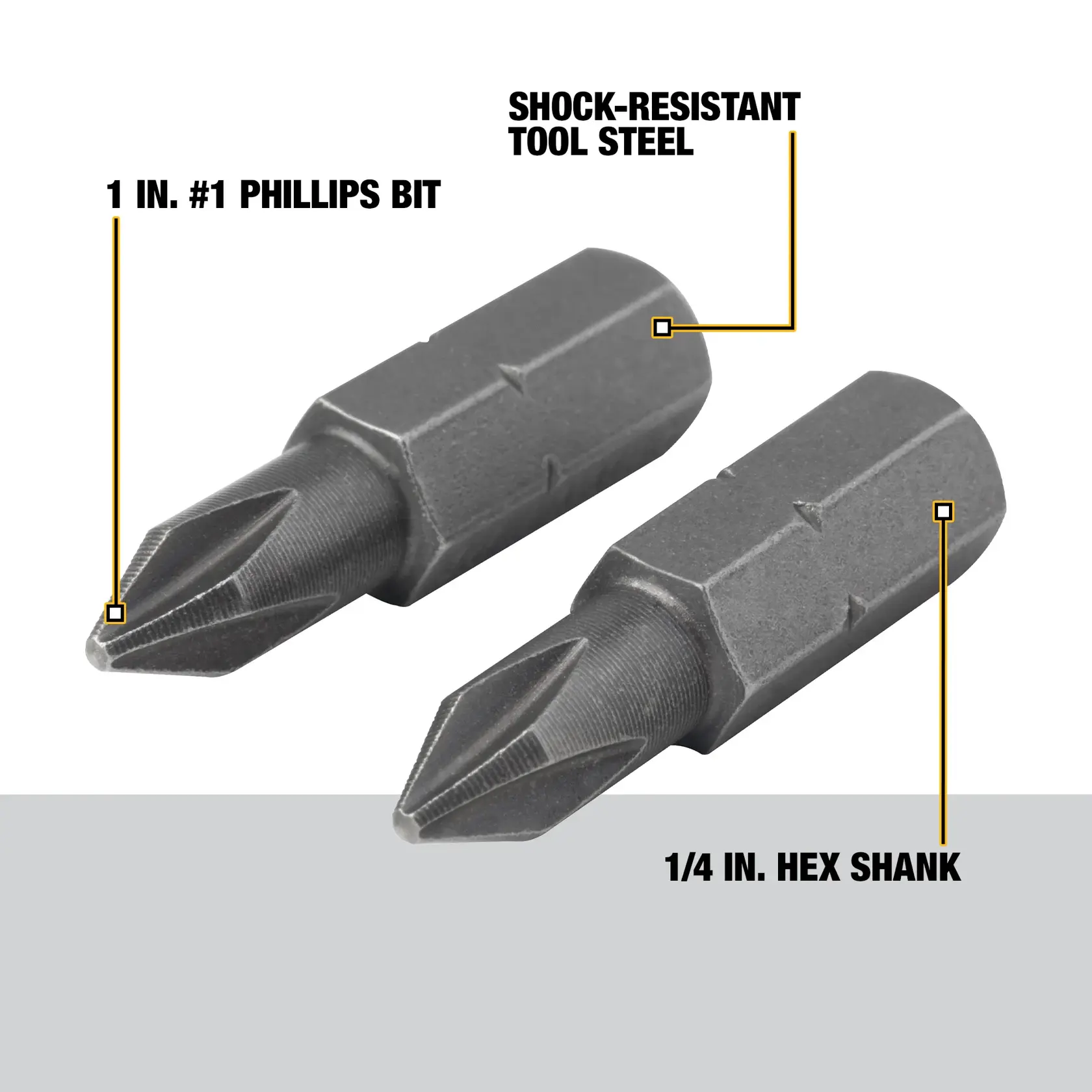 Two DEWALT 1-inch #1 Phillips screwdriver bits made from shock-resistant tool steel, each with a 1/4-inch hex shank.