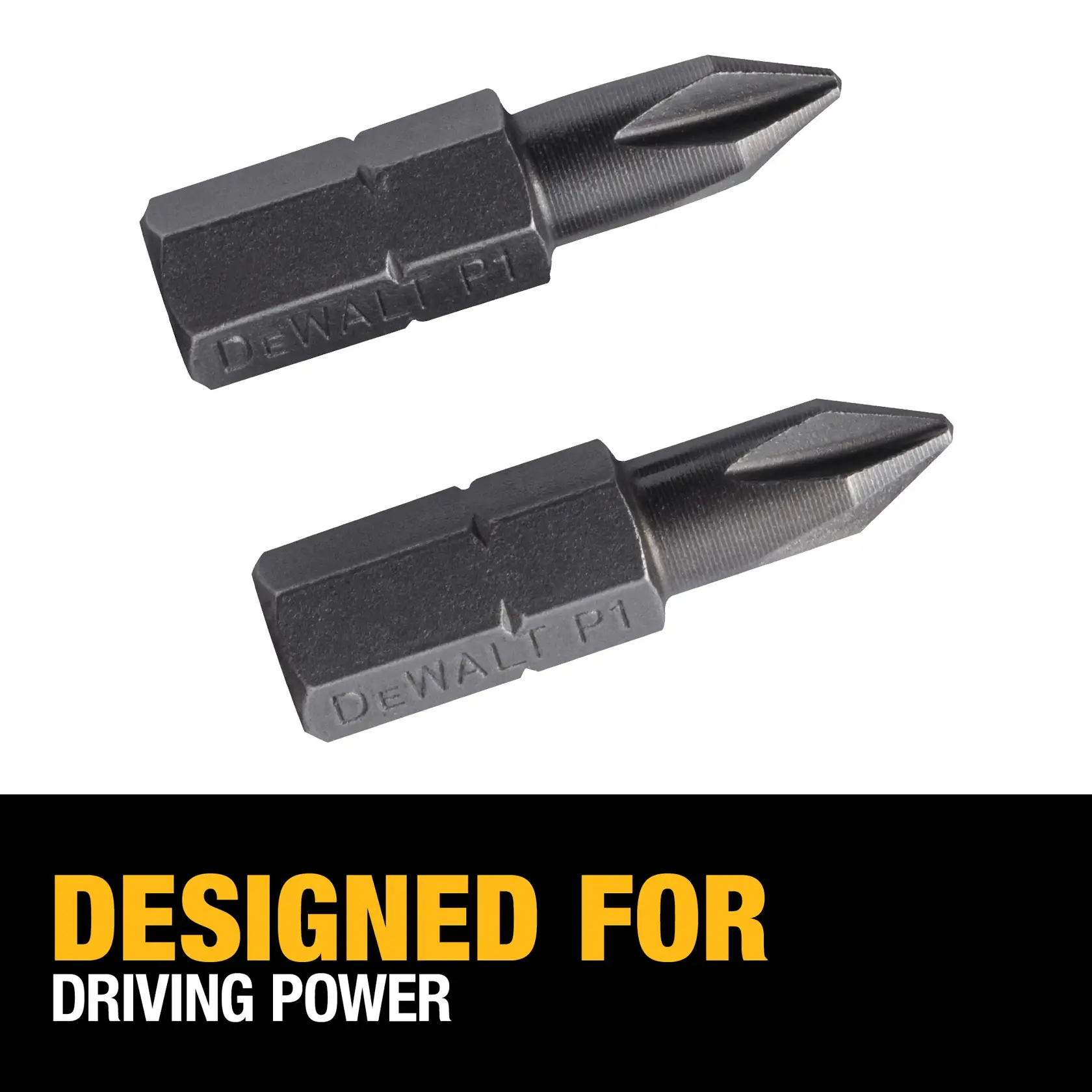 Two DEWALT P1 screwdriver bits are shown above a black and yellow section with the text 'DESIGNED FOR DRIVING POWER'.