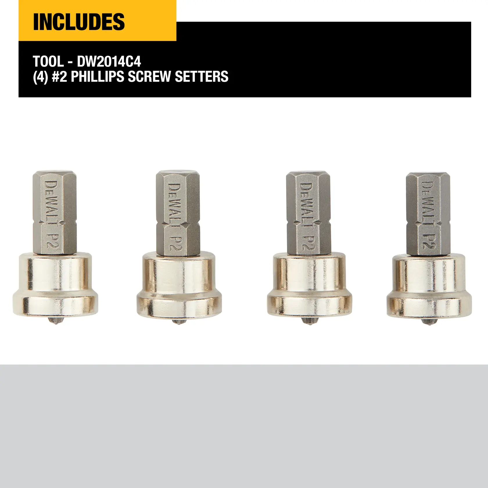 Four DEWALT #2 Phillips screw setters, tool model DW2014C4, arranged in a row against a plain background. The items consist of metallic attachments with engraved labels.