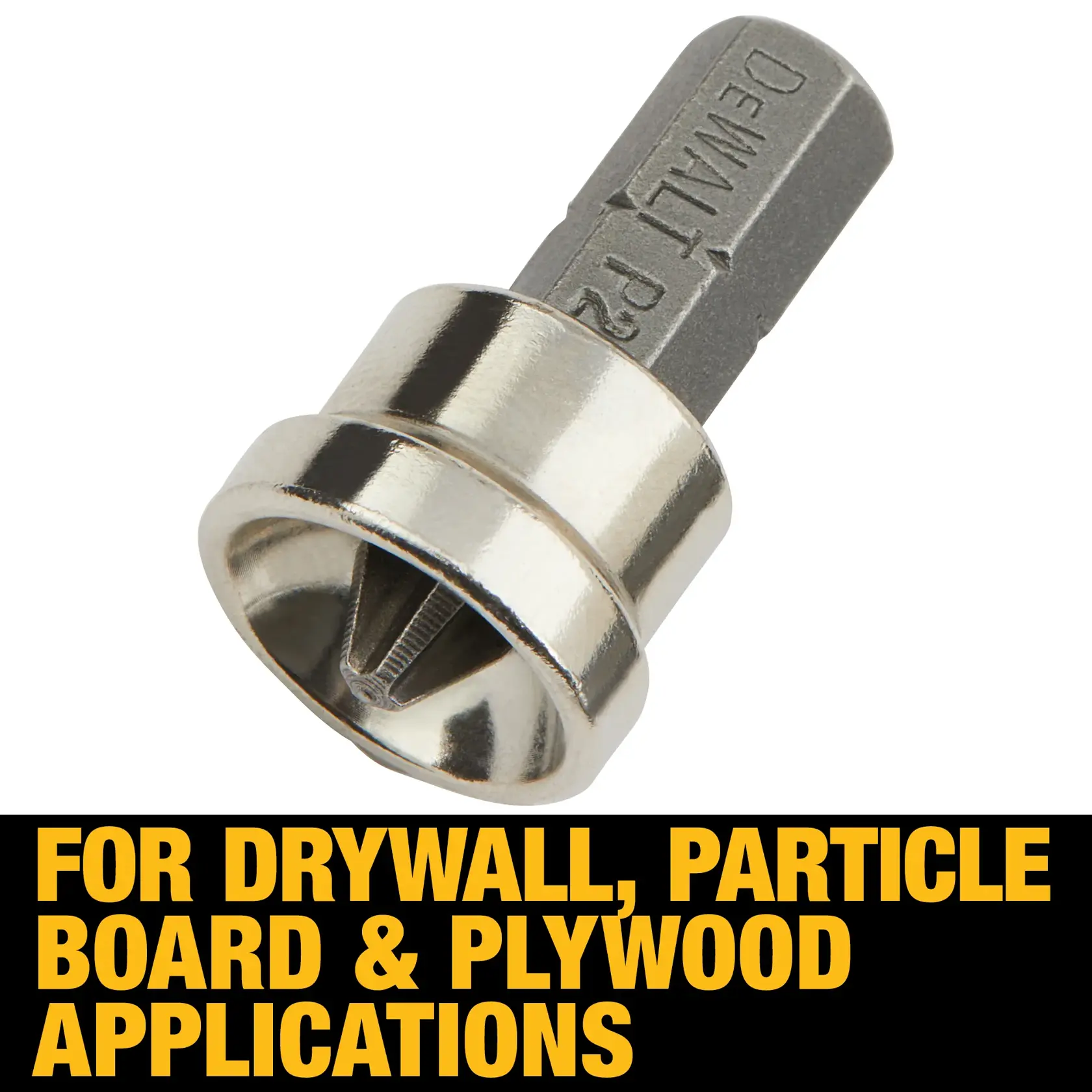 Close-up of a DEWALT drywall screwdriver bit, with text below stating: 'For drywall, particle board & plywood applications'.