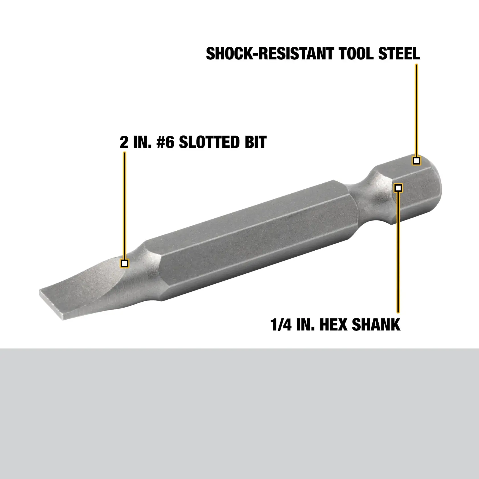 A DEWALT DW2015 slotted screwdriver bit made of shock-resistant tool steel. The image highlights its features: 2 inch #6 slotted bit and a 1/4 inch hex shank.