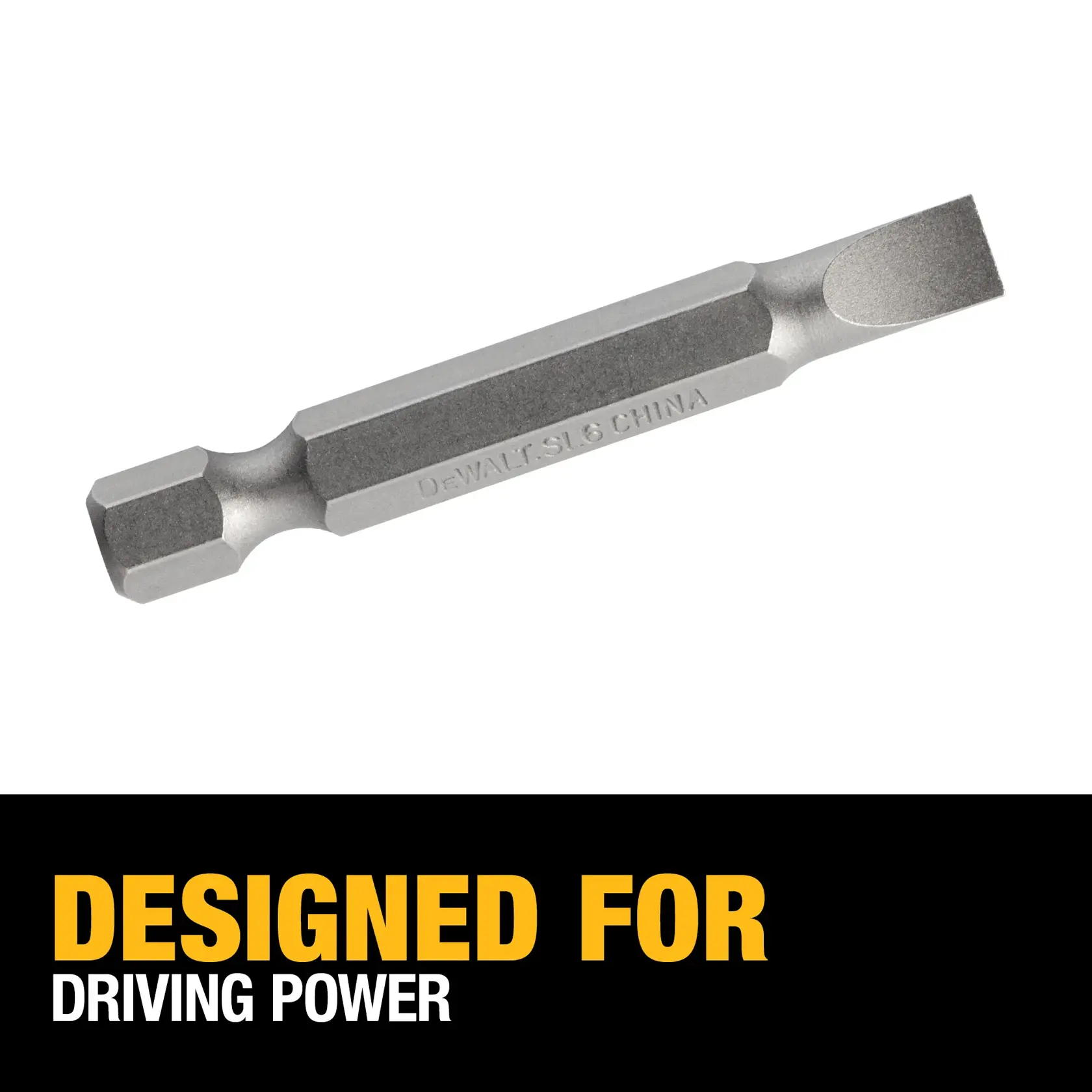 A DEWALT SL6 flathead screwdriver bit is shown above a graphic with the text 'DESIGNED FOR DRIVING POWER' in bold yellow and white letters.