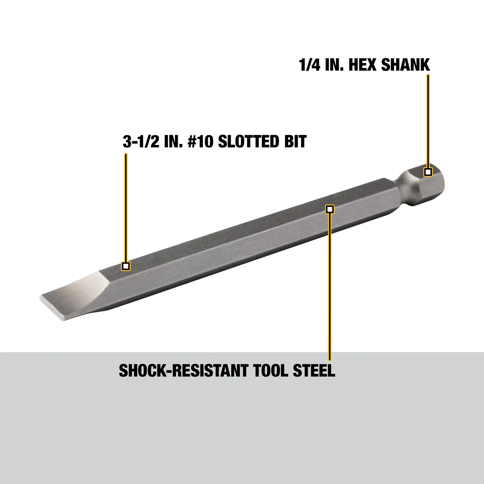 A DEWALT 3-1/2 inch #10 slotted screwdriver bit made from shock-resistant tool steel, featuring a 1/4 inch hex shank. The image includes labels indicating the slotted bit, hex shank, and shock-resistant material.