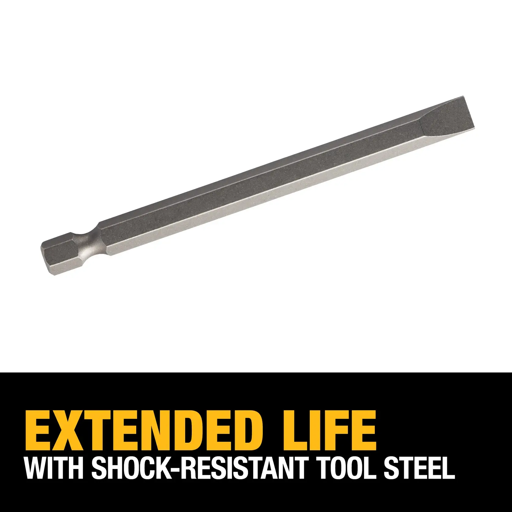 A DEWALT DW2040 flathead screwdriver bit made from shock-resistant tool steel, shown above a black and yellow banner with the text 'EXTENDED LIFE WITH SHOCK-RESISTANT TOOL STEEL'.