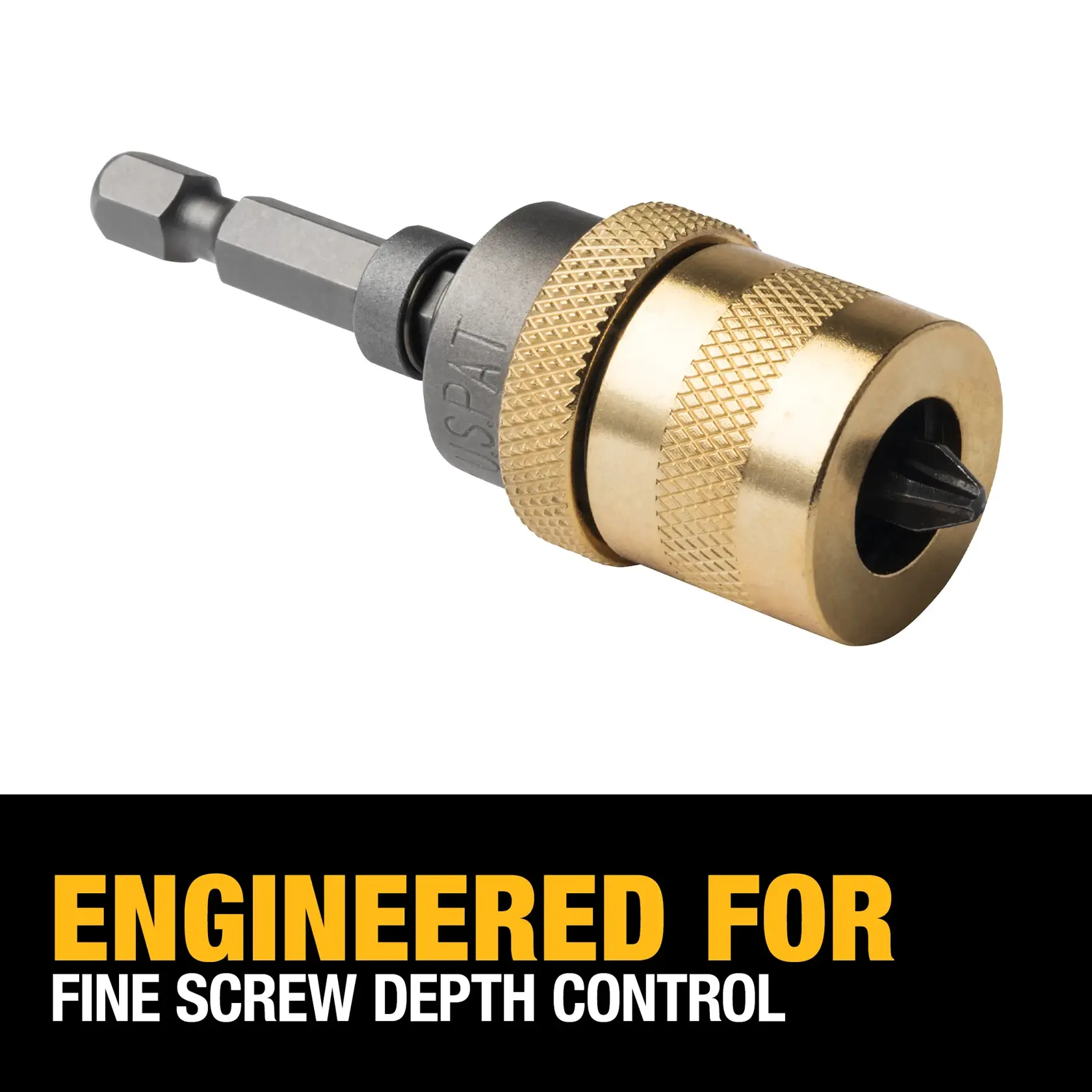 A DEWALT screw depth control bit, featuring a gold-colored metal adjustable collar and a Phillips screwdriver tip, designed for fine screw depth control. The image includes text: 'Engineered for fine screw depth control.'