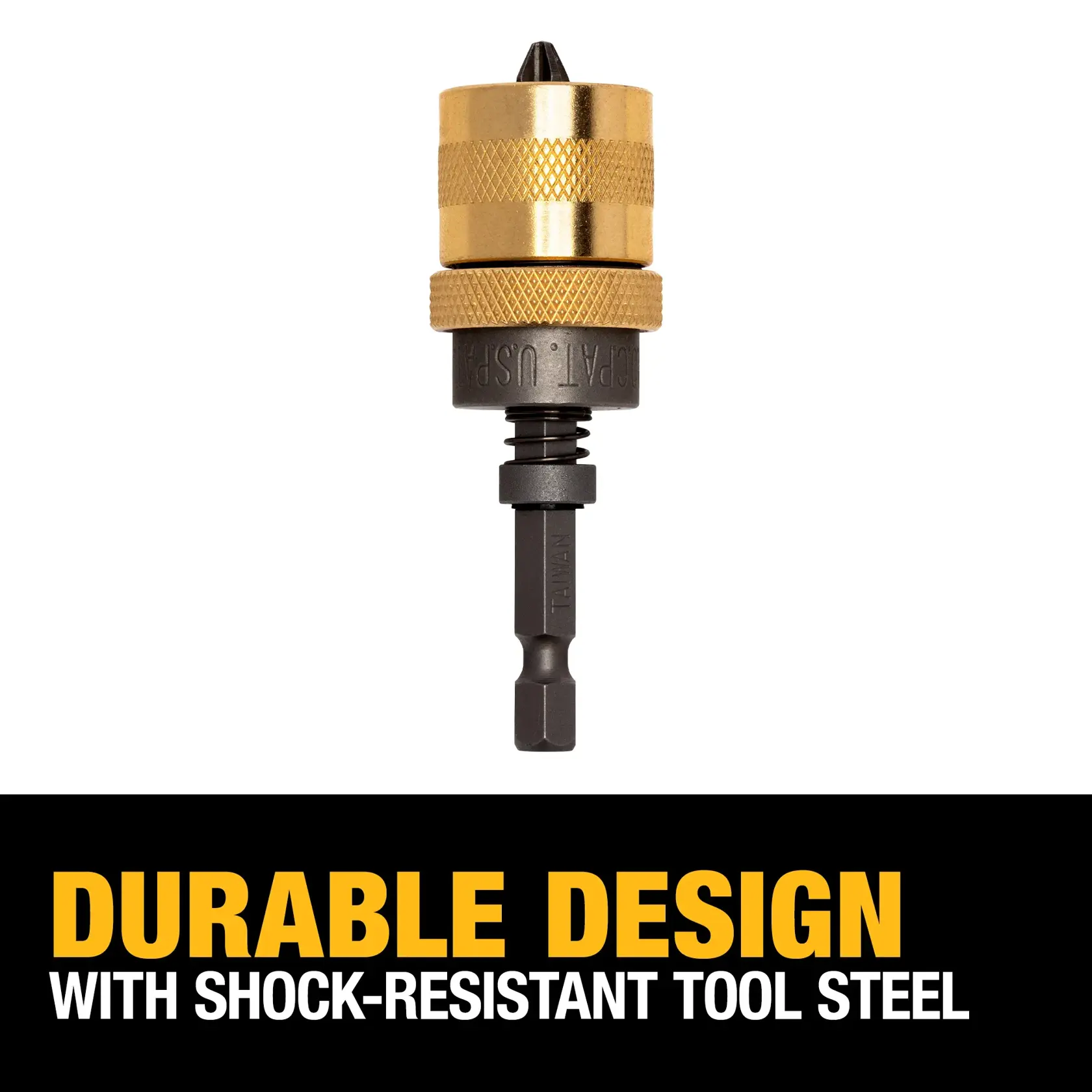 A DEWALT DW2043 drill bit holder shown against a white background, with gold and black components. Text below reads: 'Durable design with shock-resistant tool steel.'