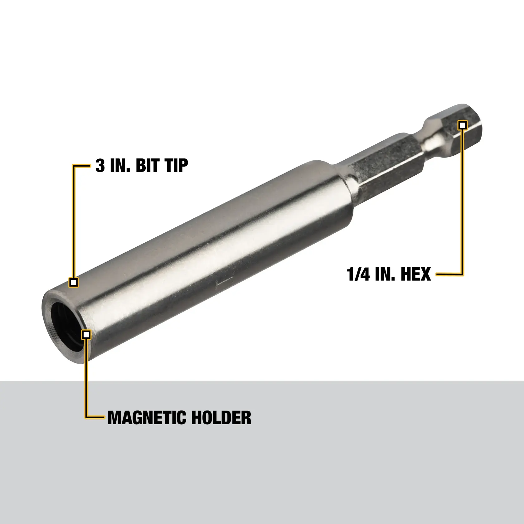 A close-up image of a metallic DEWALT magnetic bit holder with labeled features, including a 3-inch bit tip, magnetic holder, and 1/4-inch hex end.