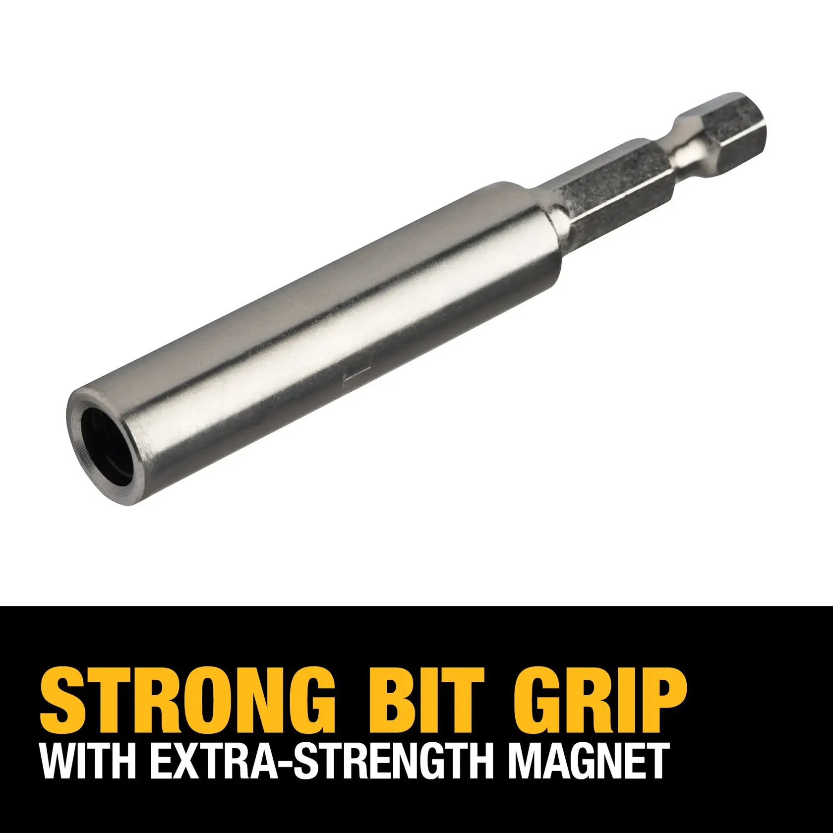 DEWALT DW2045B magnetic bit holder shown on a white background above text that reads 'STRONG BIT GRIP WITH EXTRA-STRENGTH MAGNET'. The steel tool has a hex shank and cylindrical body designed to securely hold screwdriver bits.