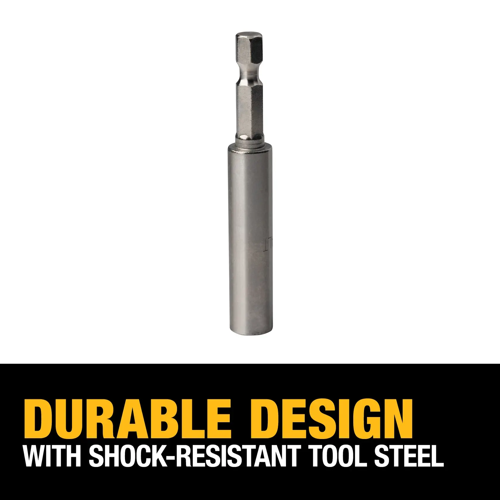 A DEWALT DW2045B drill bit holder with a silver metal finish, shown above text that highlights its durable design made from shock-resistant tool steel.
