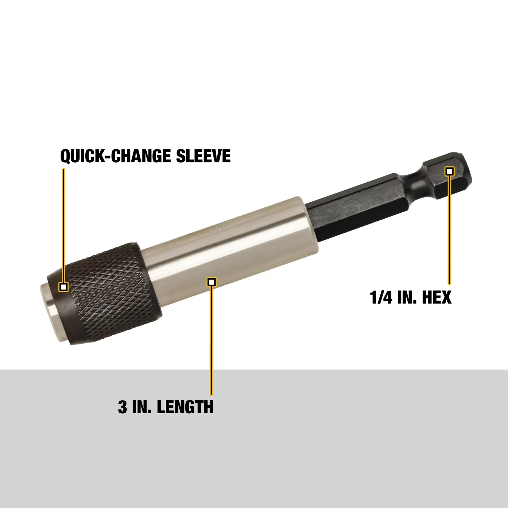 A DEWALT DW2050 3-inch quick-change sleeve bit holder with a textured grip, labeled with 'quick-change sleeve', '3 in. length', and '1/4 in. hex'.