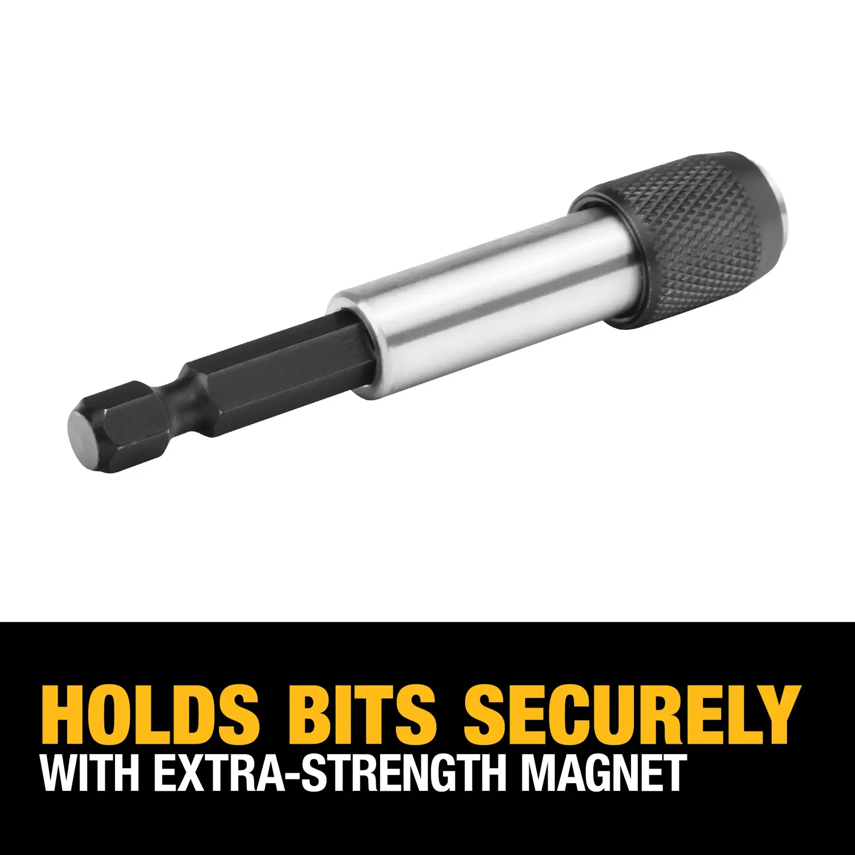 A DEWALT DW2050 magnetic bit holder is shown above a text banner stating, 'Holds bits securely with extra-strength magnet.' The holder is metallic with a textured black grip.