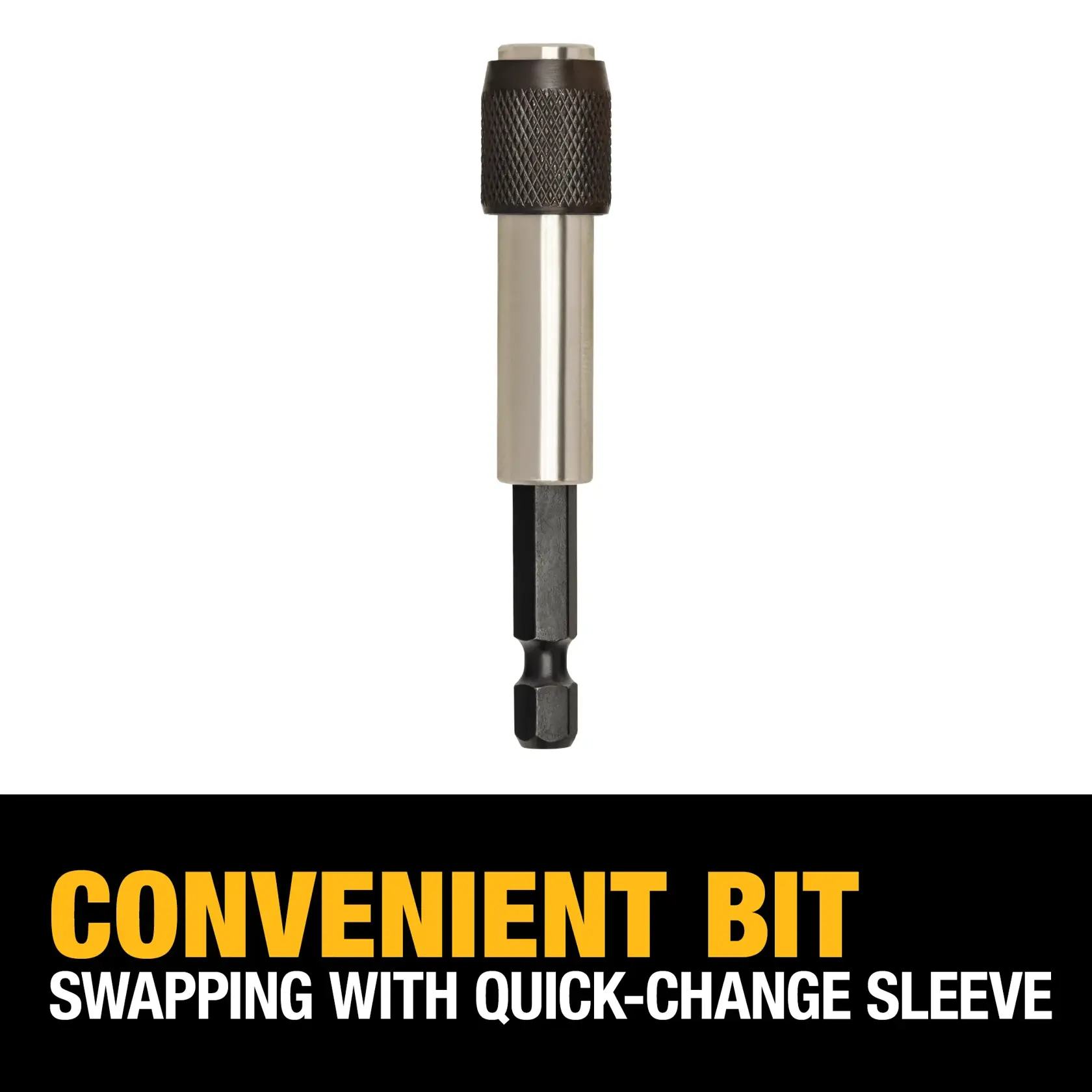 Image of a DEWALT quick-change bit holder, showing a metal and black sleeve. The text below reads: 'CONVENIENT BIT SWAPPING WITH QUICK-CHANGE SLEEVE'.