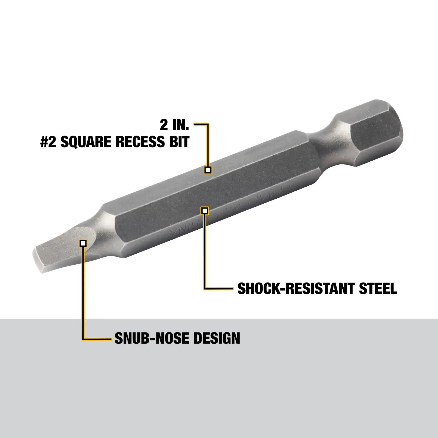 A DEWALT 2-inch #2 square recess bit made from shock-resistant steel, featuring a snub-nose design. Key features are highlighted in the image.