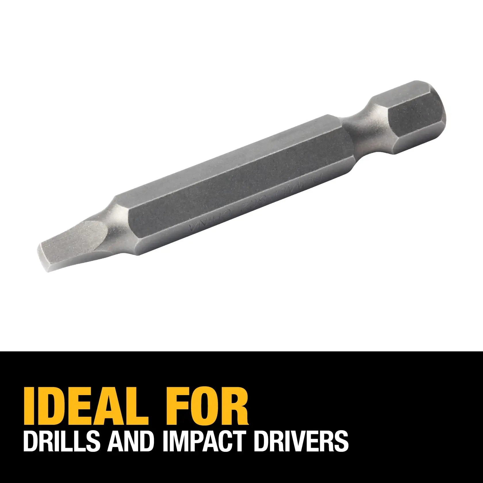 A DEWALT branded flathead screwdriver bit, shown against a white background. Text at the bottom says 'Ideal for drills and impact drivers' in bold yellow and white lettering.