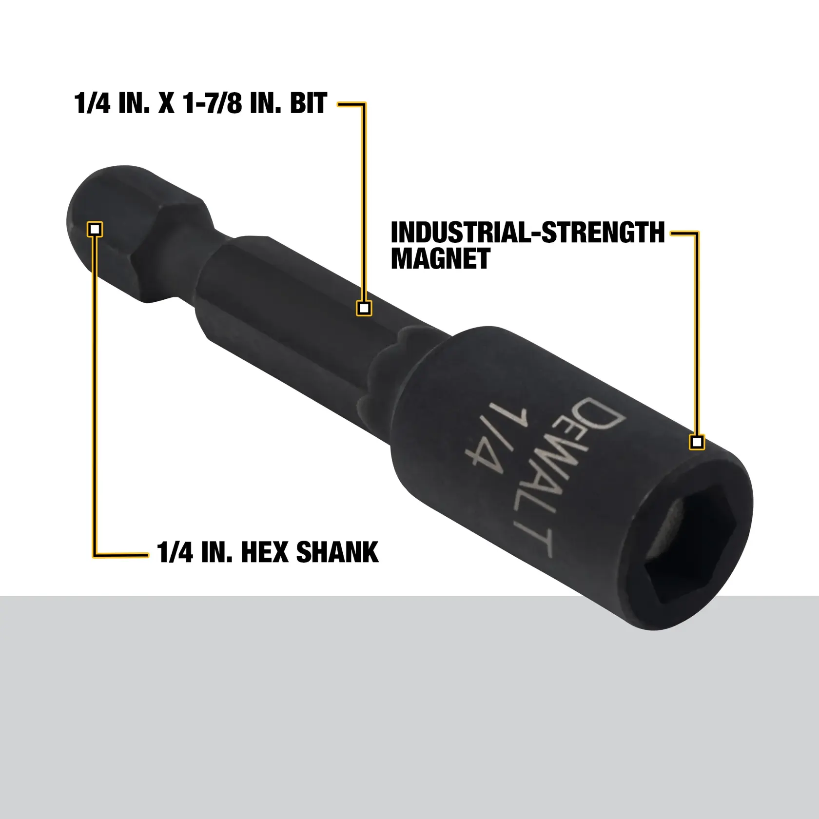 A DEWALT branded 1/4 inch hex shank magnetic bit holder, featuring a 1/4 inch x 1-7/8 inch bit. Industrial-strength magnet visible inside the hex socket.