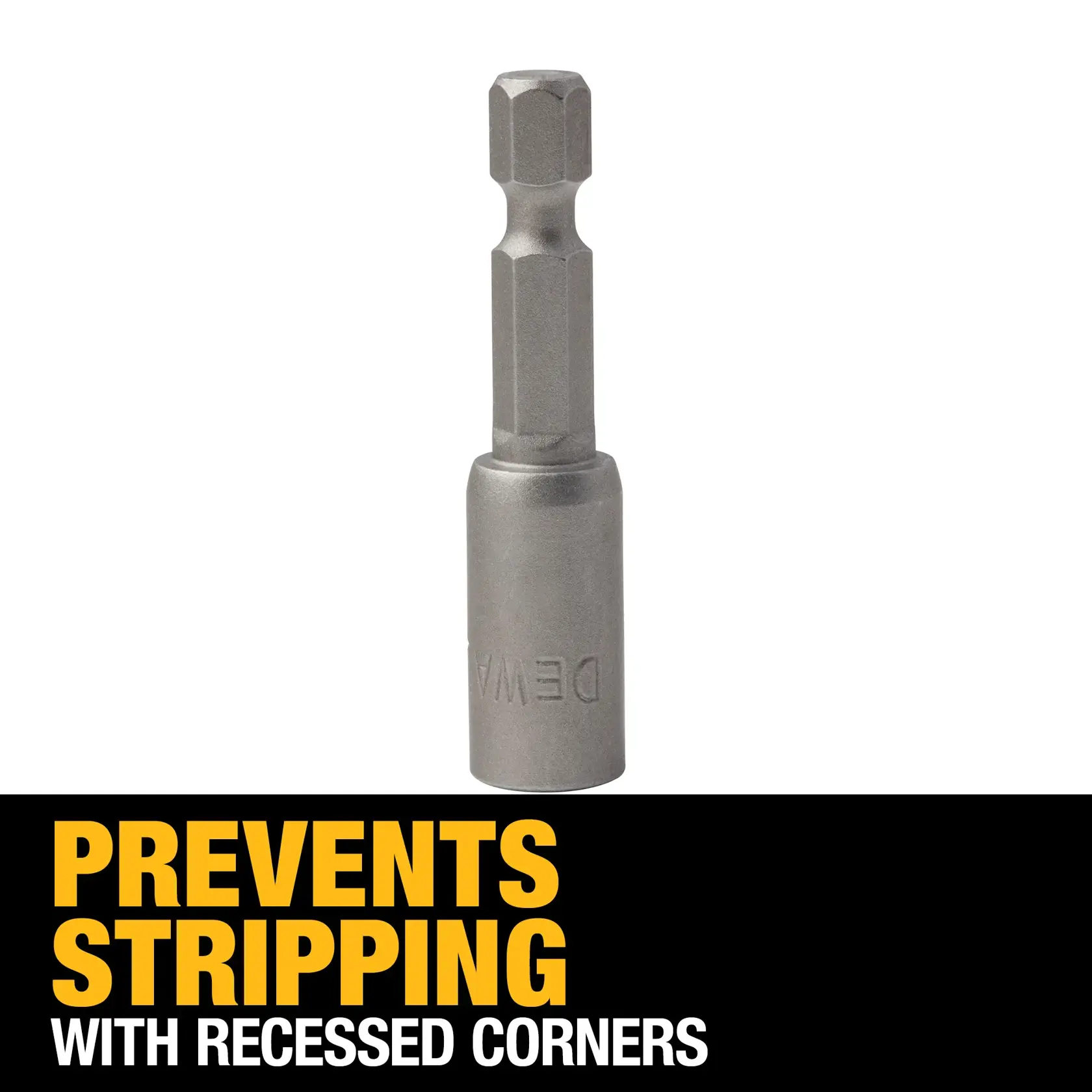 A DEWALT nut driver bit with hex shank is shown against a white background. Below, bold text states 'Prevents Stripping with Recessed Corners.'