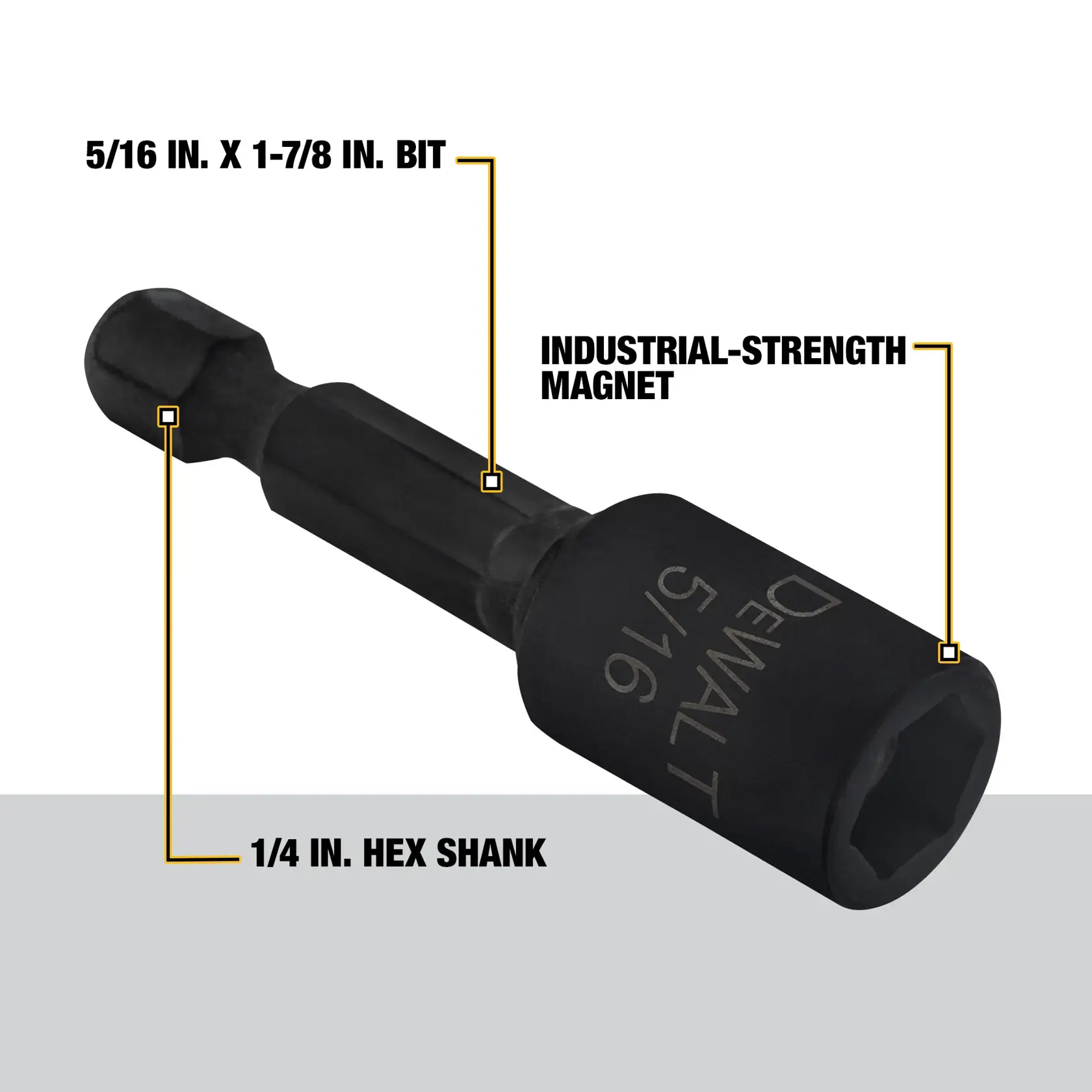 A DEWALT branded 5/16 inch by 1-7/8 inch impact ready nut driver bit with a 1/4 inch hex shank. The image highlights its industrial-strength magnet and the labeled specifications.