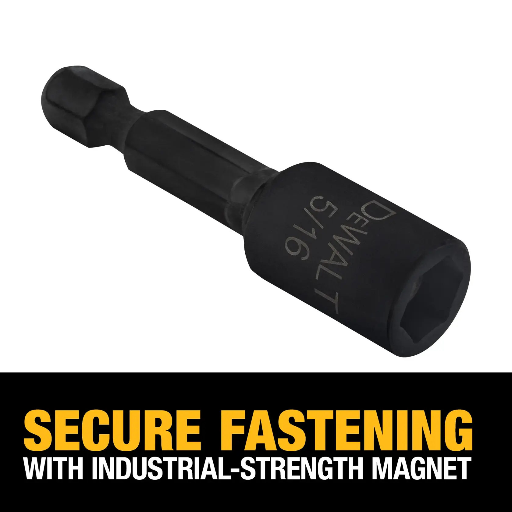 A DEWALT 5/16 inch magnetic nut driver with hex shank is shown above text that reads, 'Secure Fastening with Industrial-Strength Magnet.'