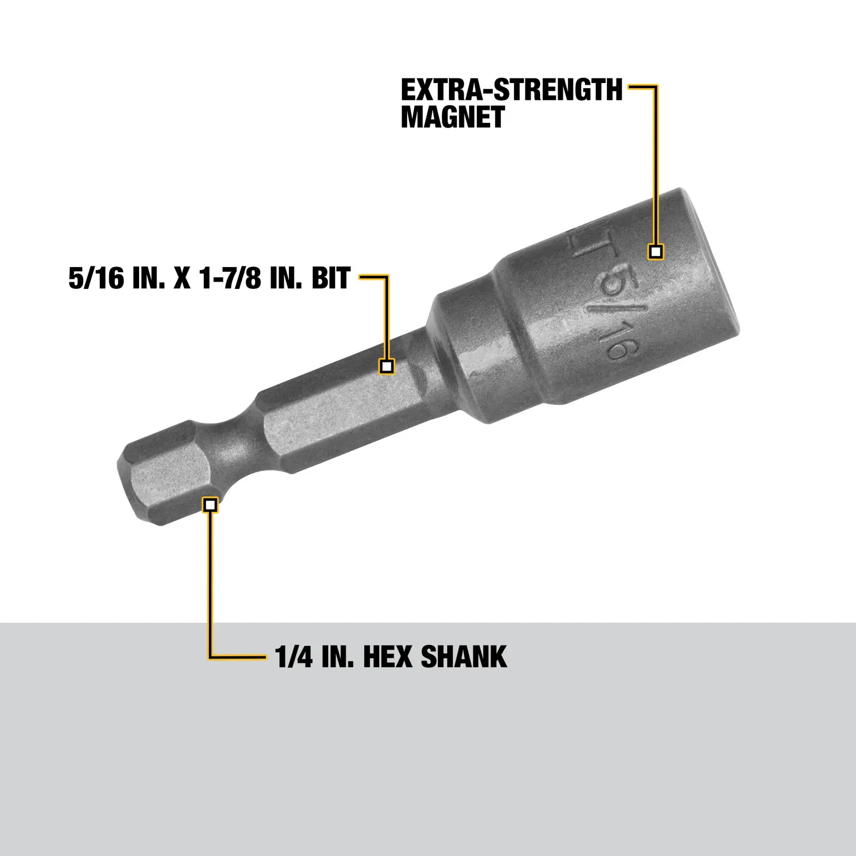 A DEWALT 5/16 inch x 1-7/8 inch bit with a 1/4 inch hex shank and an extra-strength magnet. Labels point out the magnet, hex shank, and bit size.