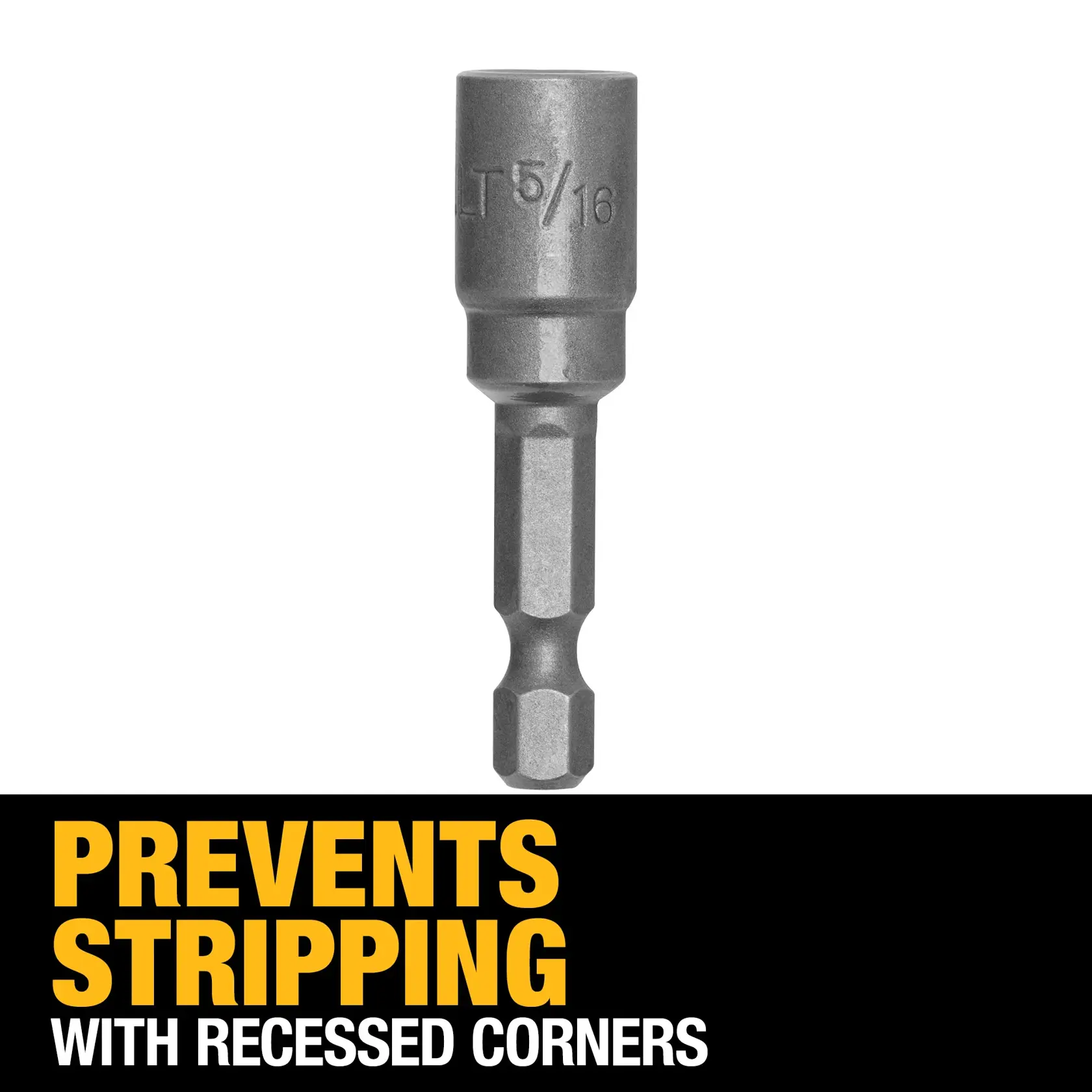 A DEWALT 5/16 inch magnetic nut driver with a hex shank, designed to prevent stripping by featuring recessed corners. The text below the tool reads 'PREVENTS STRIPPING WITH RECESSED CORNERS' in bold yellow and white lettering.
