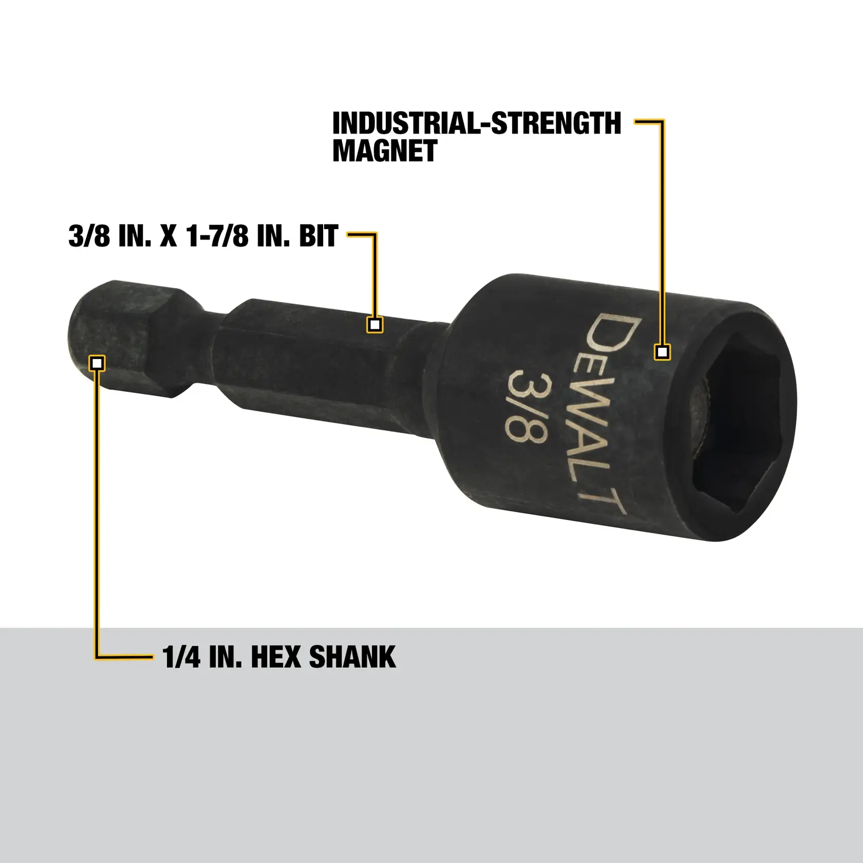 A DEWALT 3/8 inch magnetic nut driver bit with a 1/4 inch hex shank and industrial-strength magnet. The image includes labels pointing out the bit size, hex shank, and magnet feature.