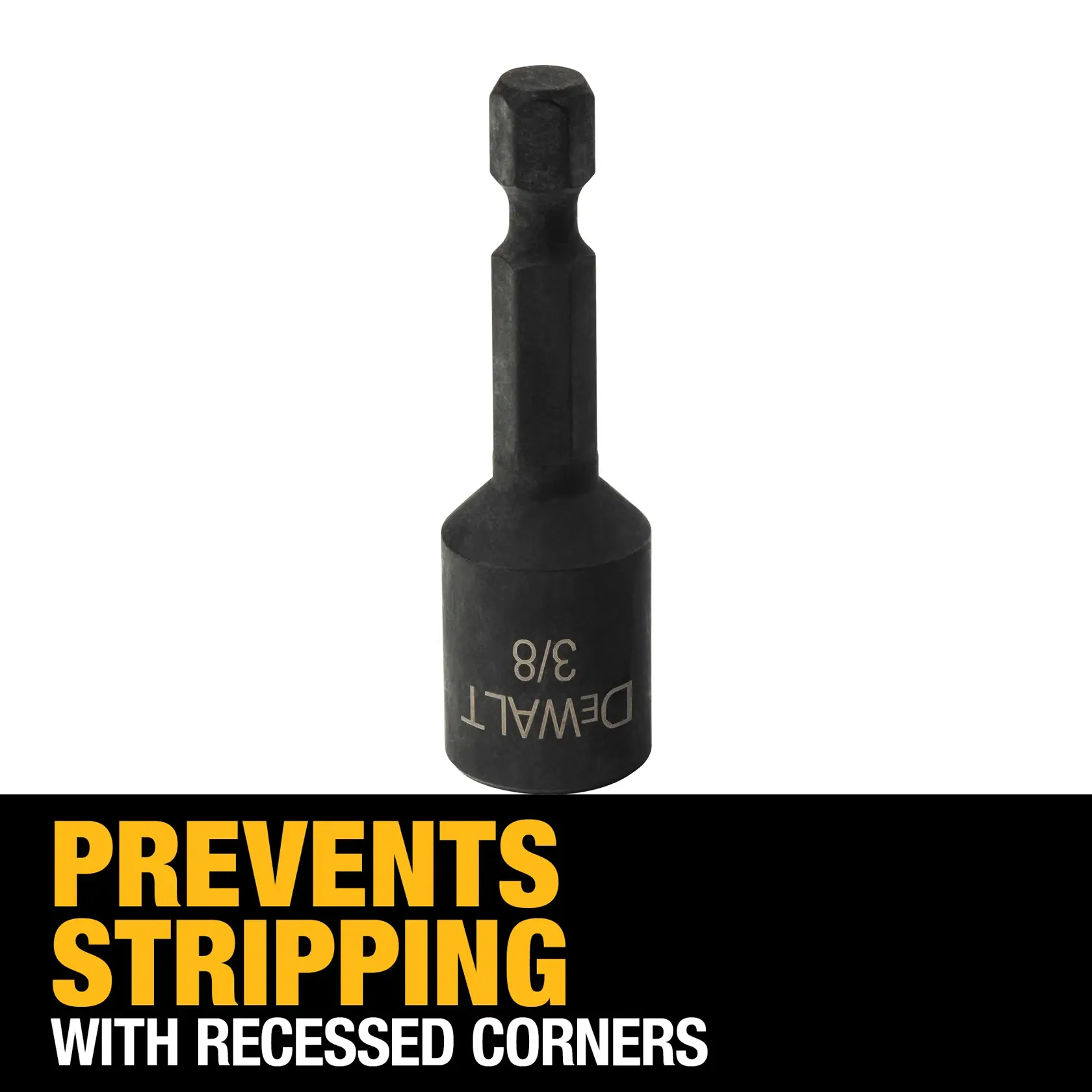 A DEWALT 3/8-inch impact-ready socket adapter is shown. Text below reads: 'Prevents stripping with recessed corners.' The product is black and designed for use with power tools.