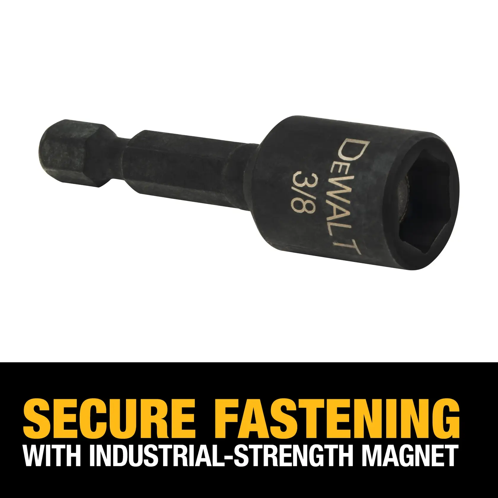 Image of a DEWALT 3/8-inch magnetic nut driver with industrial-strength magnet, shown above a promotional text highlighting secure fastening.