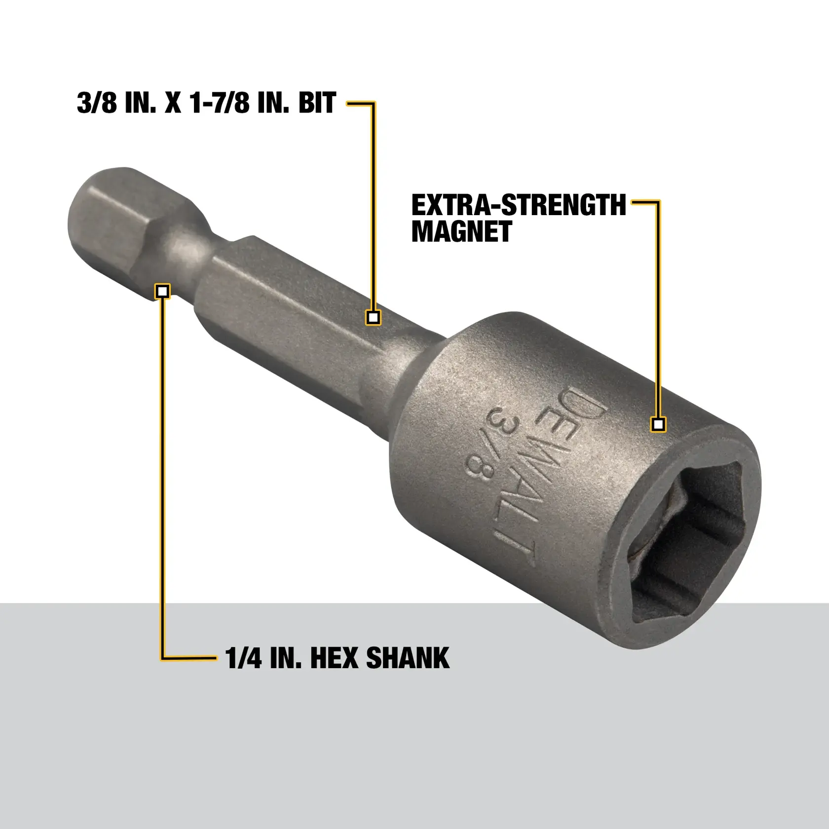 A DEWALT 3/8-inch magnetic socket bit with a 1-7/8 inch length and a 1/4-inch hex shank, featuring an extra-strength magnet. The image includes labels indicating the bit size, length, hex shank, and magnet.