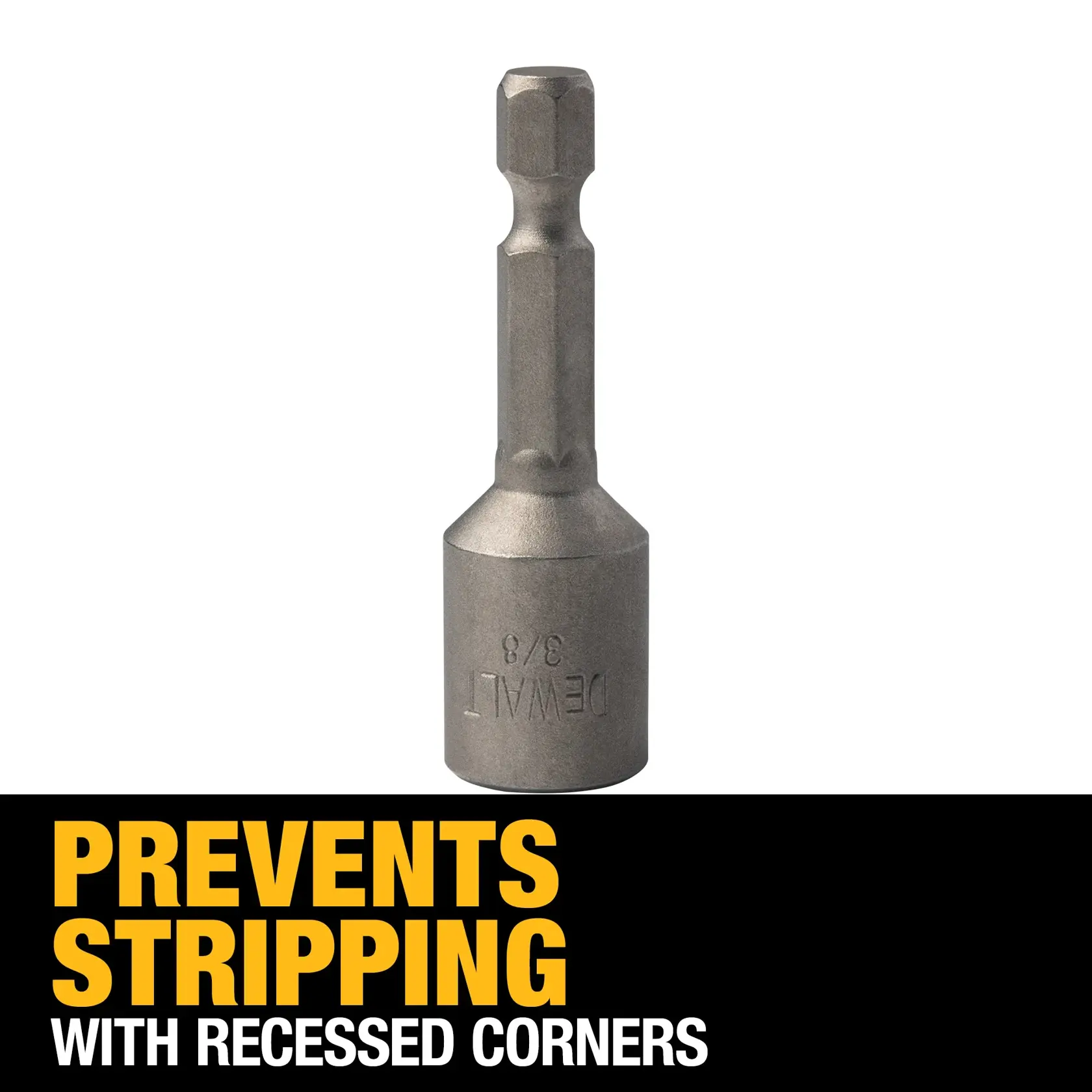 DEWALT 3/8 inch hex socket driver bit shown above a banner that reads 'Prevents stripping with recessed corners.'