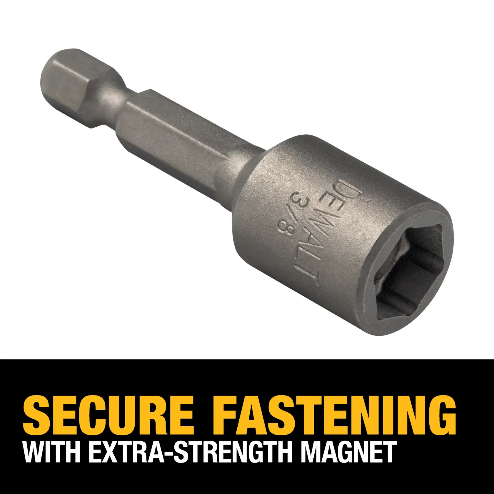 A DEWALT 3/8 inch magnetic nut driver with a hex shank, shown above text that reads 'Secure Fastening with Extra-Strength Magnet'.