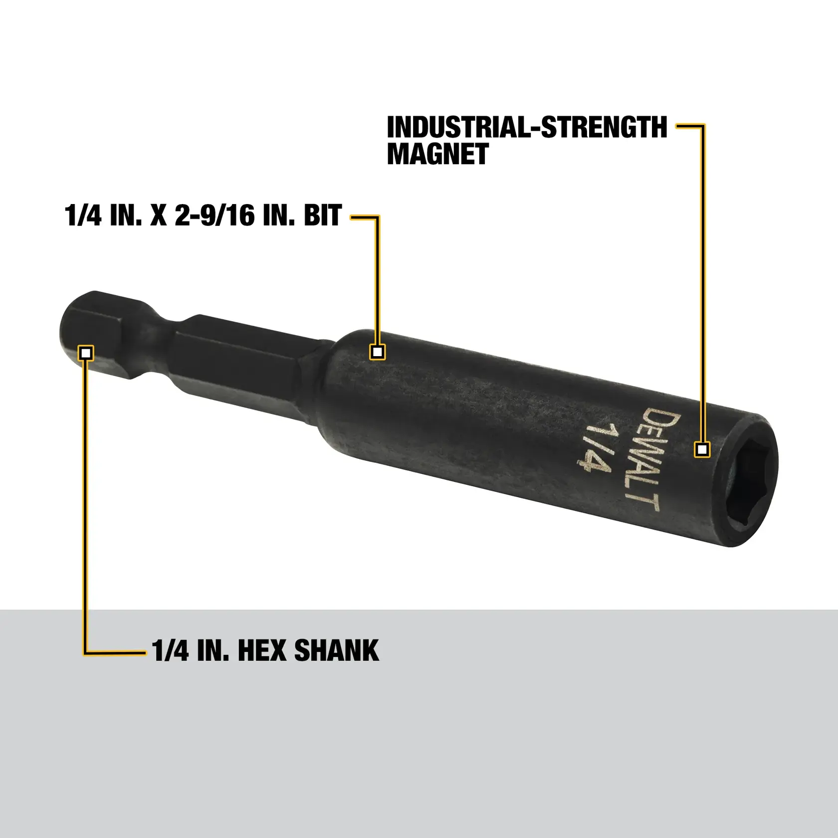 Un porte-écrou magnétique DEWALT de 1/4 pouce avec tige hexagonale, conçu pour être utilisé avec des outils électriques pour fixer des écrous et des boulons.