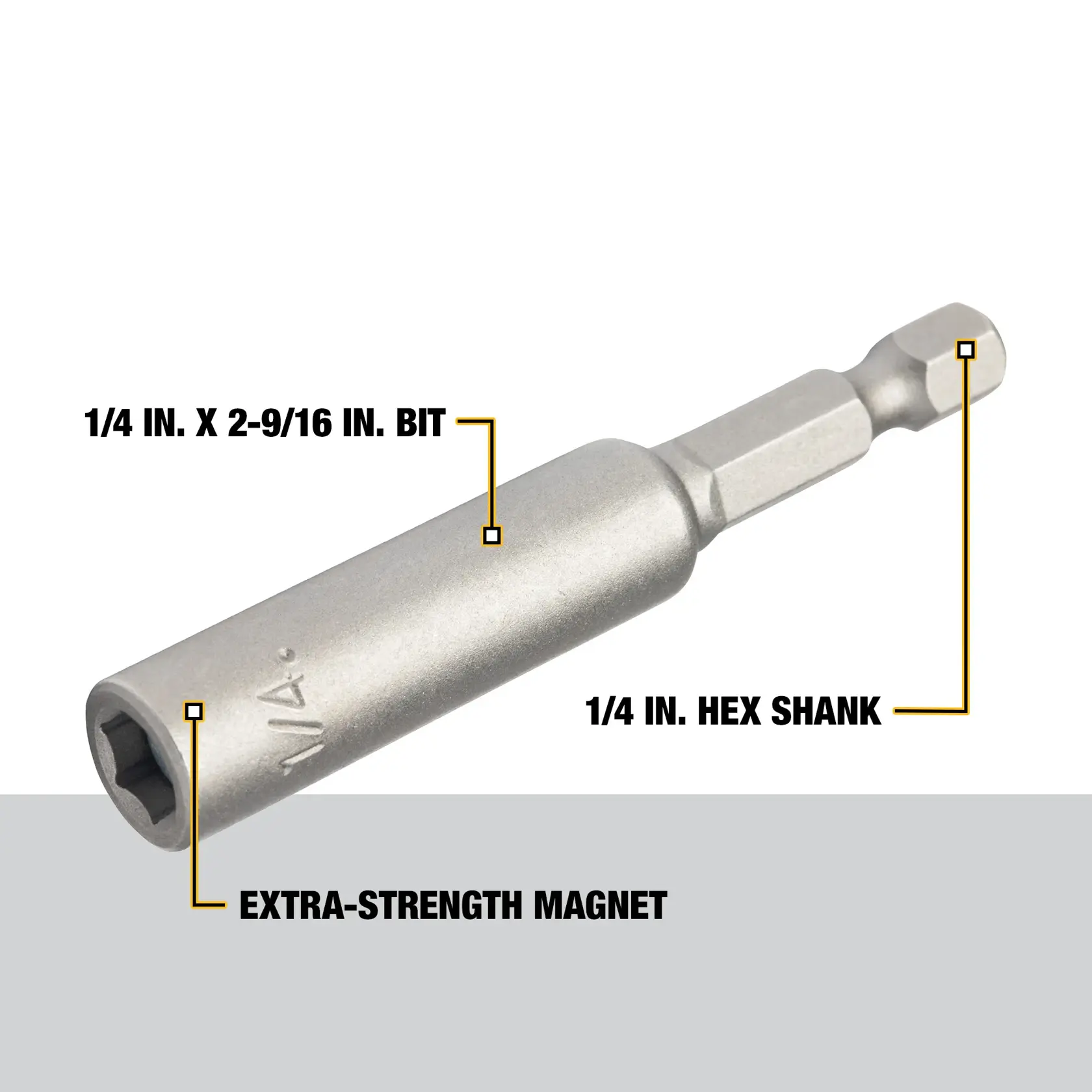 A DEWALT DW2221 hex shank magnetic bit holder is shown. The labels highlight its features: 1/4 inch x 2-9/16 inch bit, 1/4 inch hex shank, and an extra-strength magnet.
