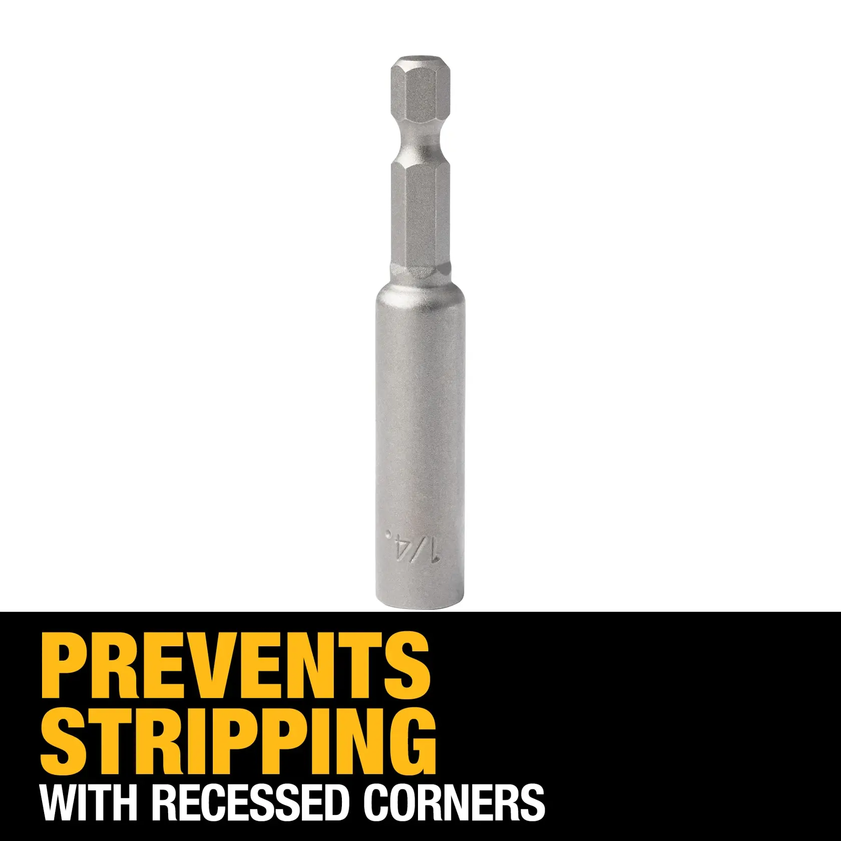 DEWALT DW2221 drill bit on a white background above a black section showing yellow and white text stating 'PREVENTS STRIPPING WITH RECESSED CORNERS'.
