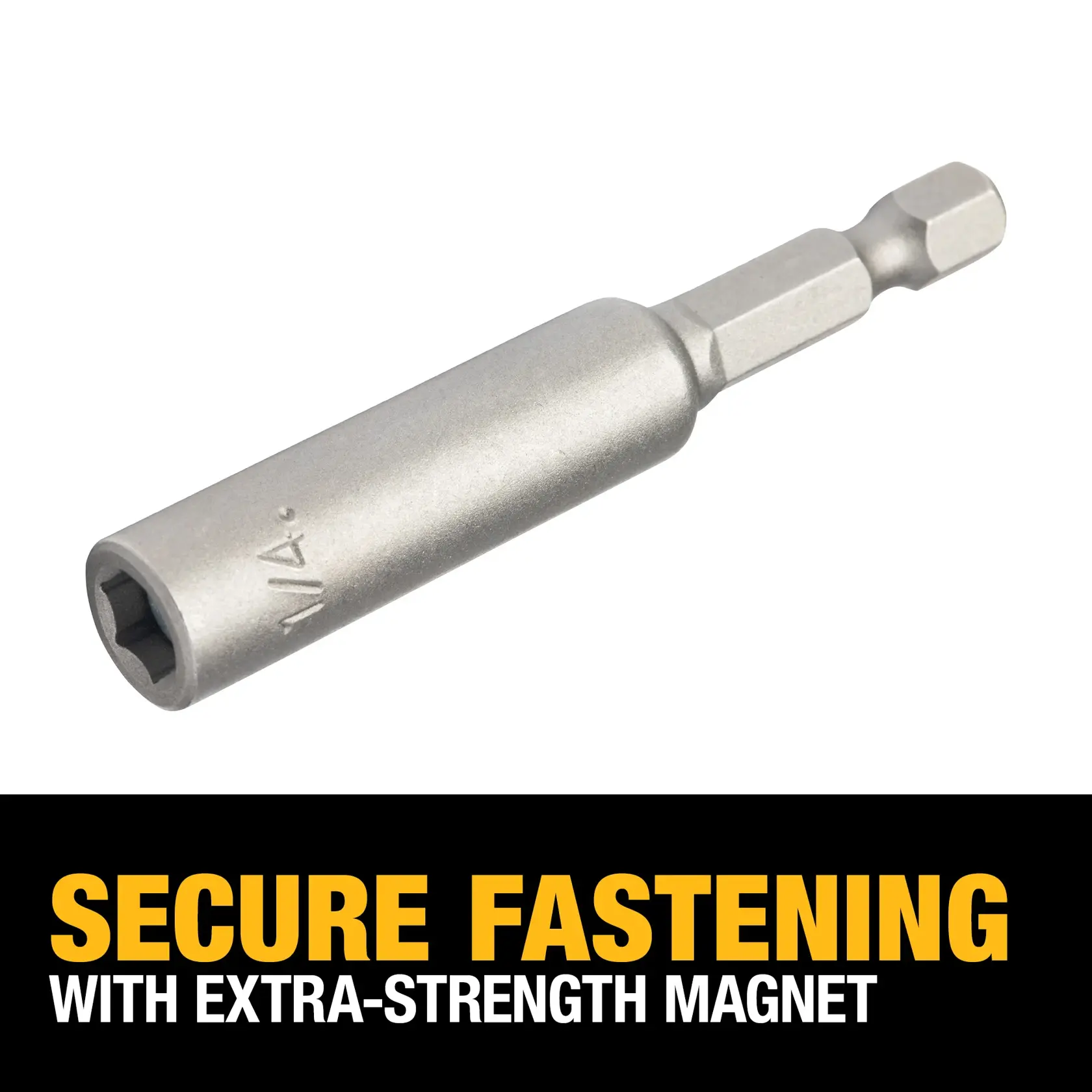 A DEWALT magnetic nut driver, SKU DW2221, shown above a banner that reads 'Secure fastening with extra-strength magnet'. The tool is silver, and designed for secure fastening applications.