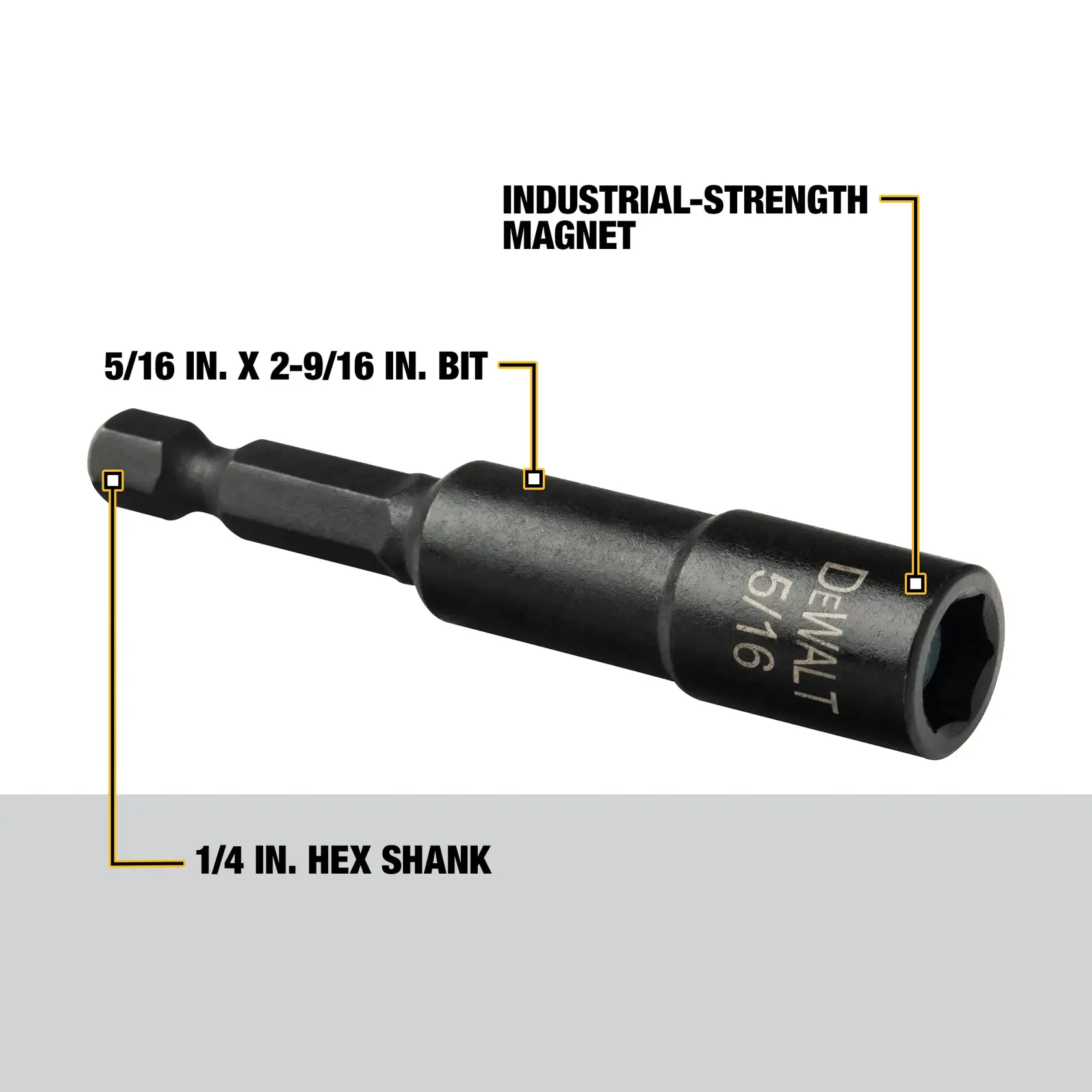 A DEWALT 5/16 inch x 2-9/16 inch bit with a 1/4 inch hex shank and industrial-strength magnet, shown with labeled features.