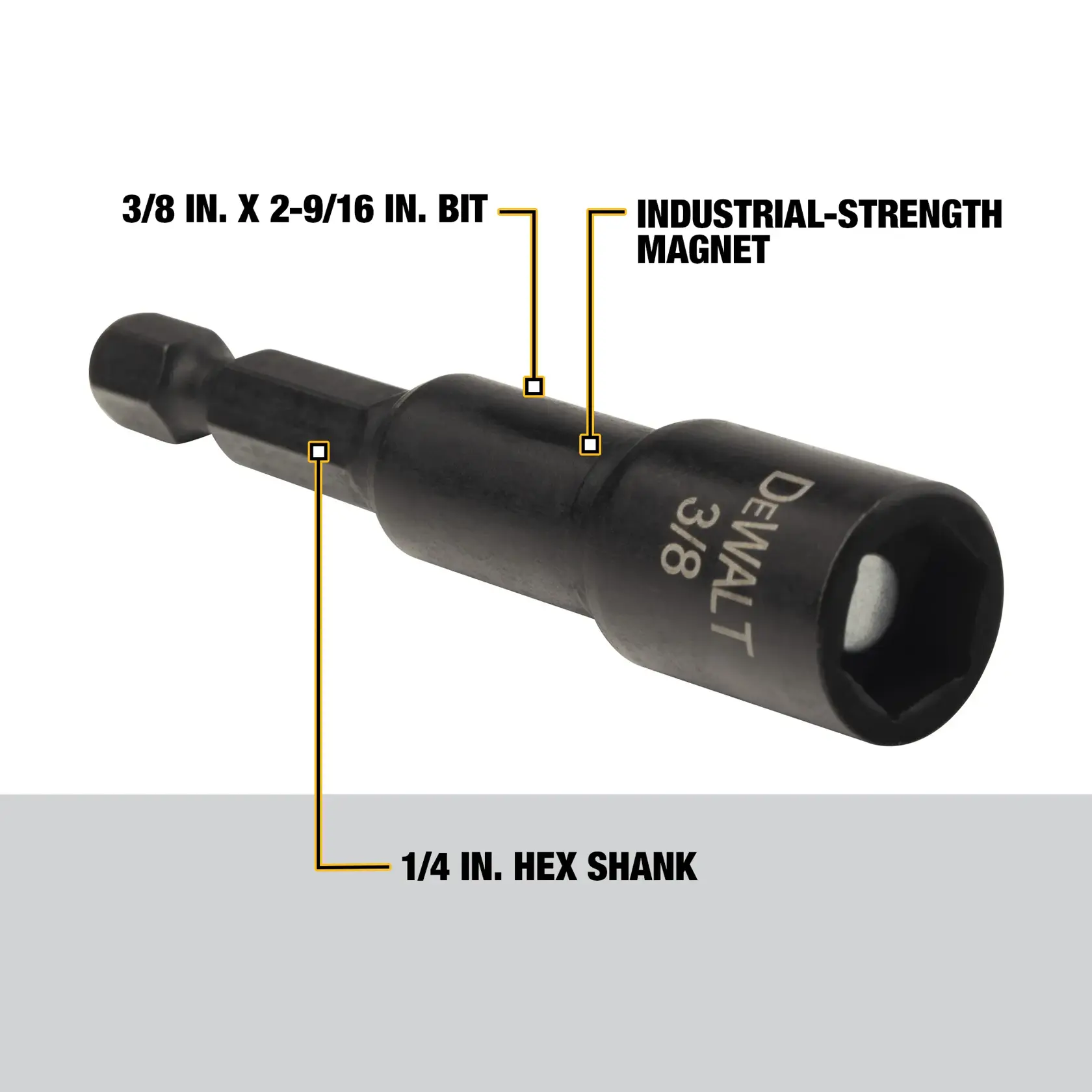 Close-up image of a DEWALT 3/8 inch x 2-9/16 inch bit with a 1/4 inch hex shank and industrial-strength magnet. The item is labeled with its size and features.
