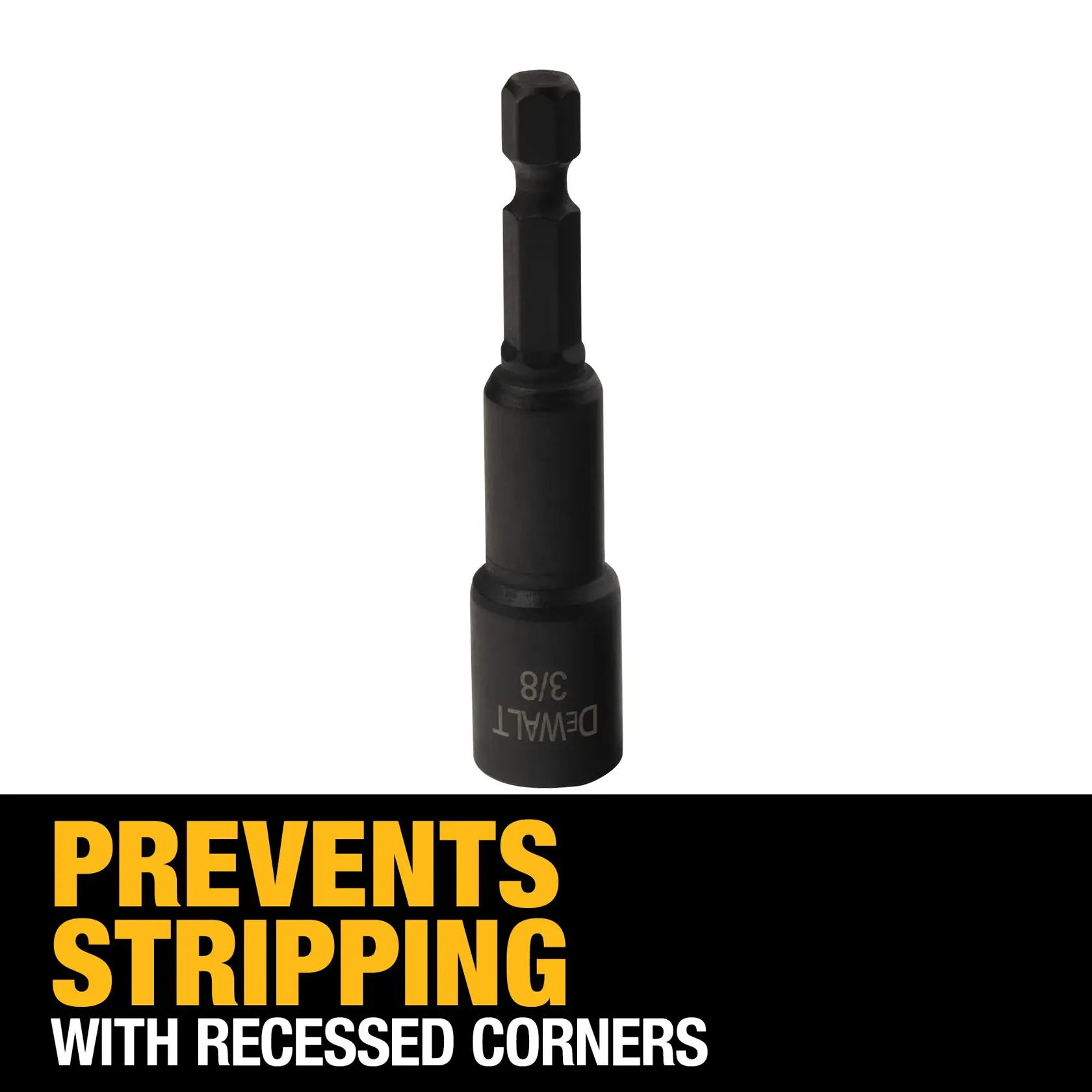 A DEWALT 3/8 inch socket driver with a hex shank is displayed above bold text that reads 'PREVENTS STRIPPING WITH RECESSED CORNERS'.