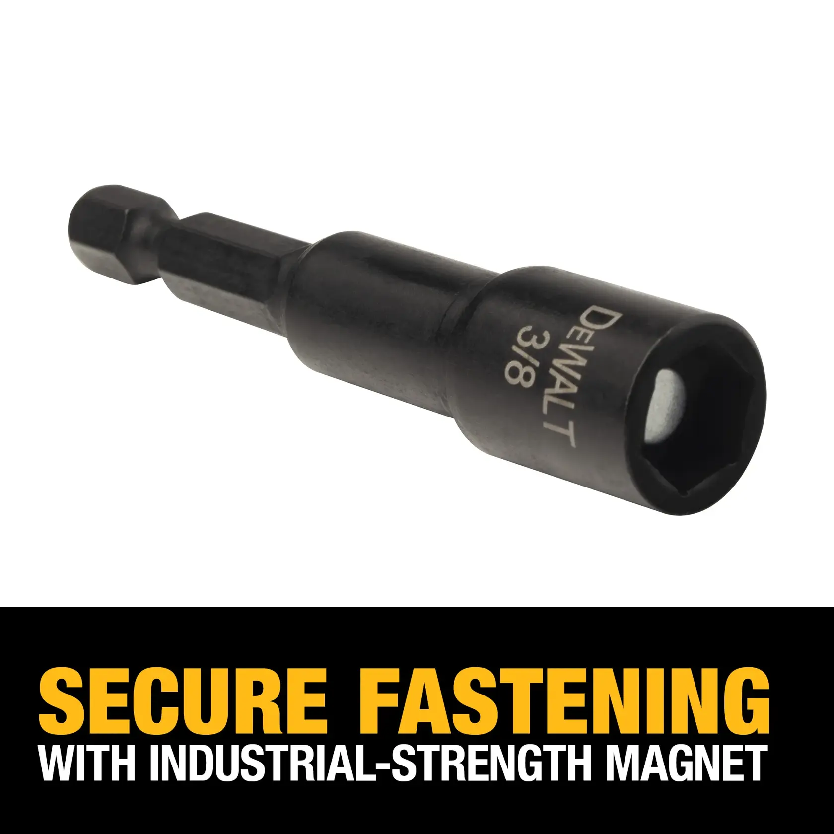 A DEWALT 3/8 inch magnetic nut driver with a black finish is shown on a white background. The text below the tool reads: 'SECURE FASTENING WITH INDUSTRIAL-STRENGTH MAGNET' in large yellow and white letters.