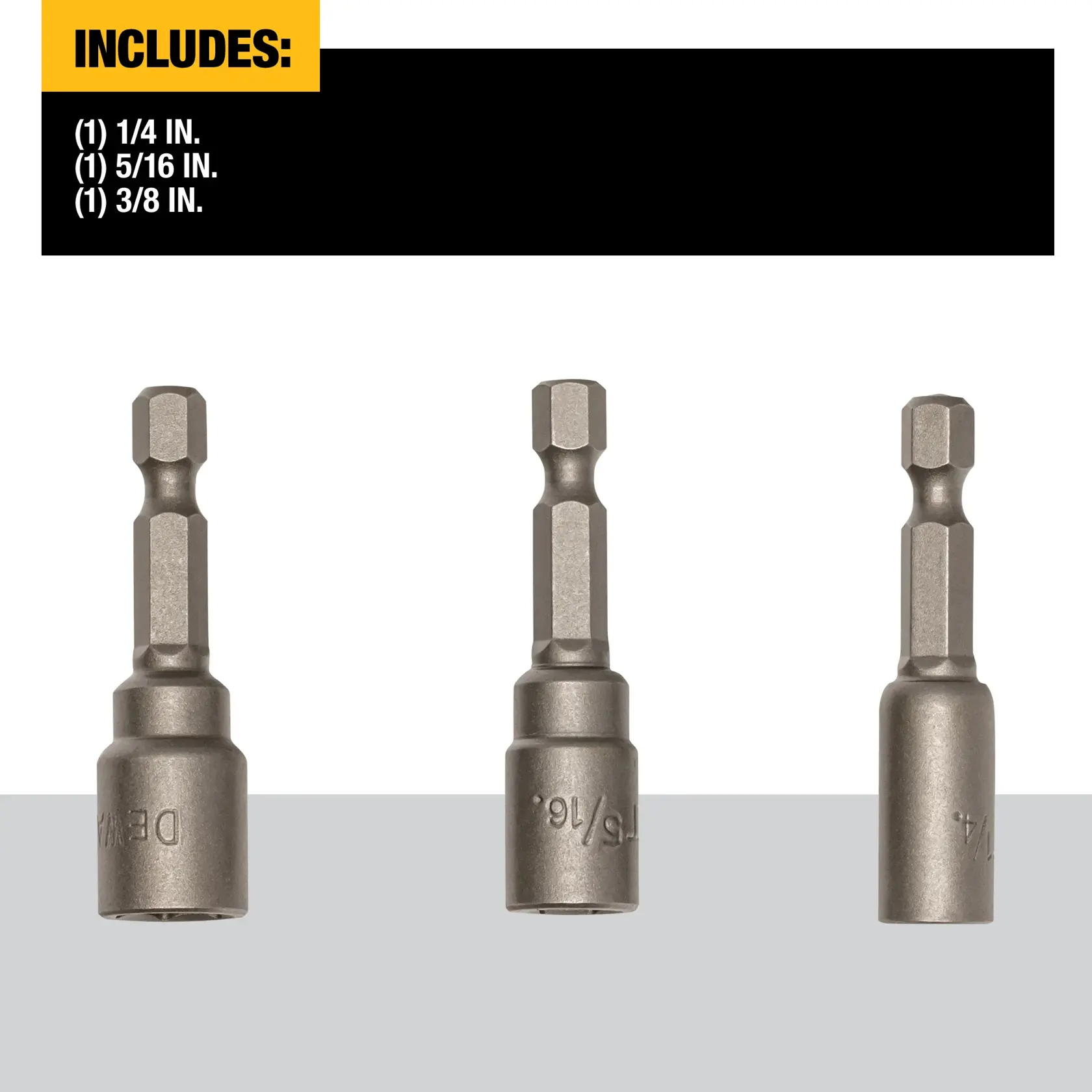 Image showing three DEWALT nut driver bits with hex shanks in different sizes. The top section indicates the set includes three pieces: 1/4 inch, 5/16 inch, and 3/8 inch.
