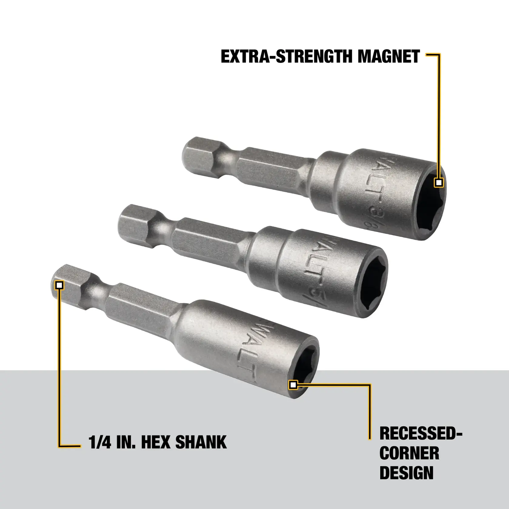 Three DEWALT hex shank nut drivers showing features: extra-strength magnet, 1/4 inch hex shank, and recessed-corner design.