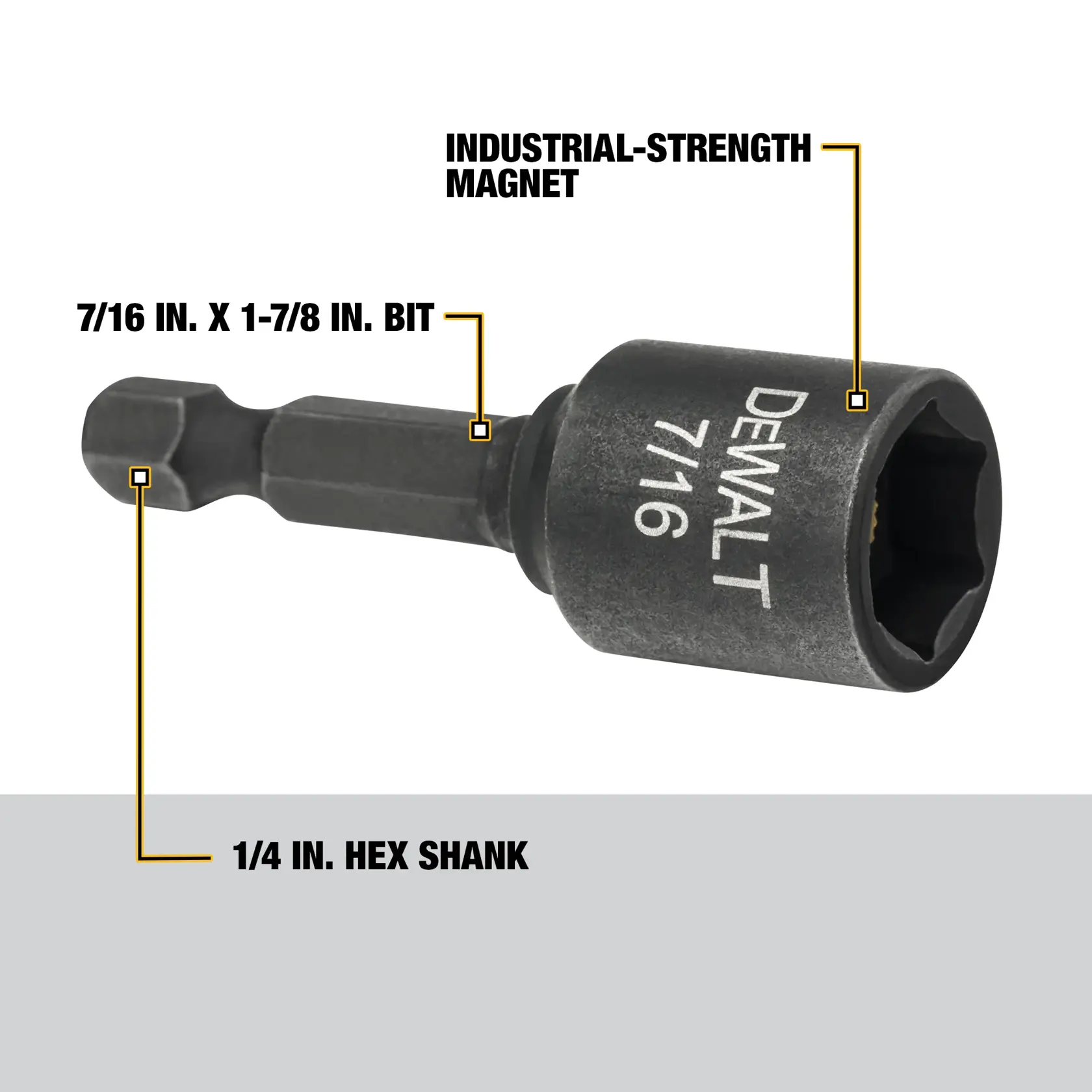 A DEWALT 7/16 inch nut driver bit with 1/4 inch hex shank, 1-7/8 inch bit length, and industrial-strength magnet. The image highlights these features with labeled text.