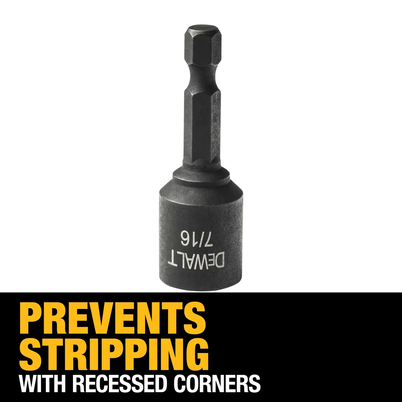 DEWALT 7/16 hex socket drill bit with recessed corners, shown above bold text that reads 'Prevents Stripping With Recessed Corners.'