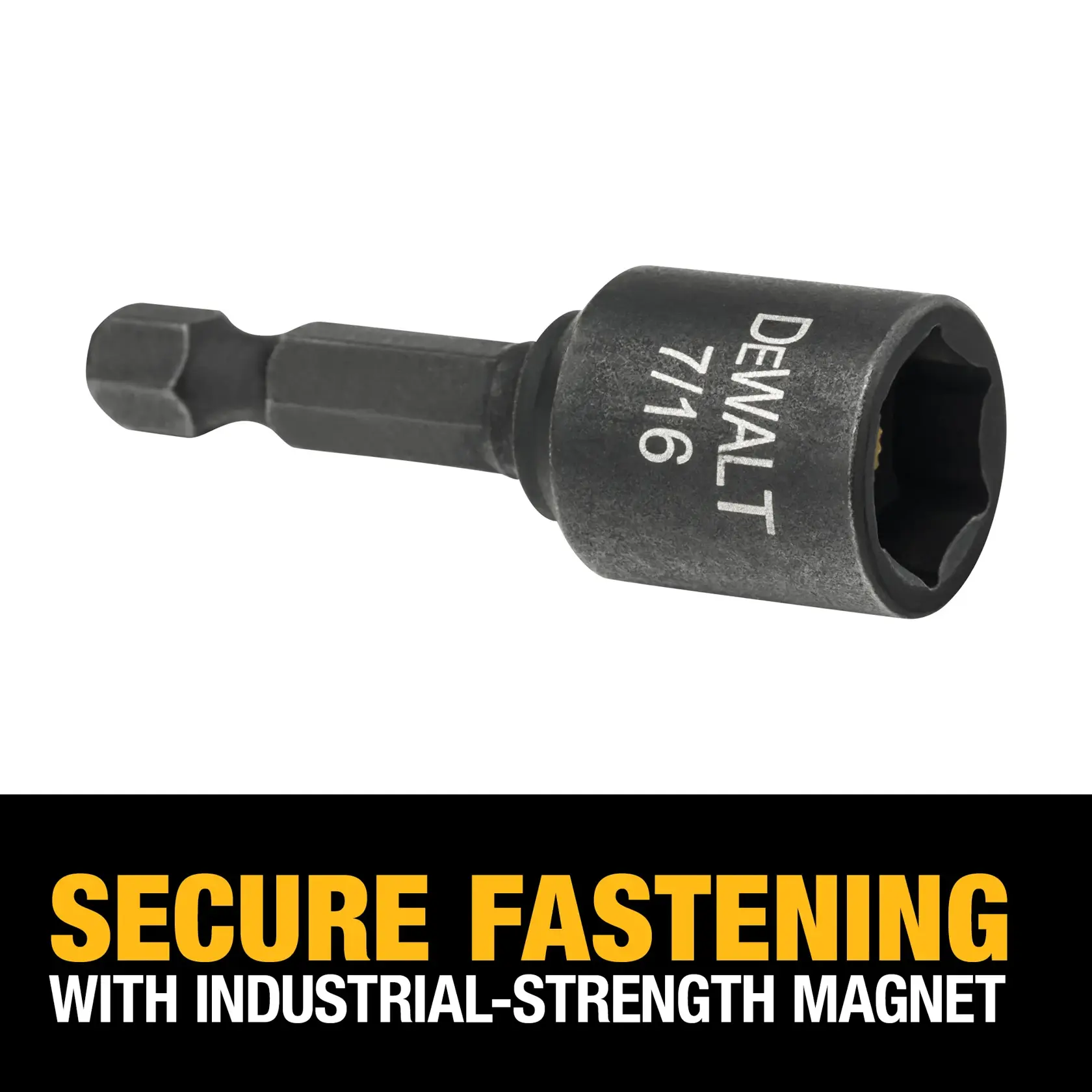 A DEWALT 7/16 magnetic nut driver with a hex shank, shown above text highlighting secure fastening with an industrial-strength magnet.