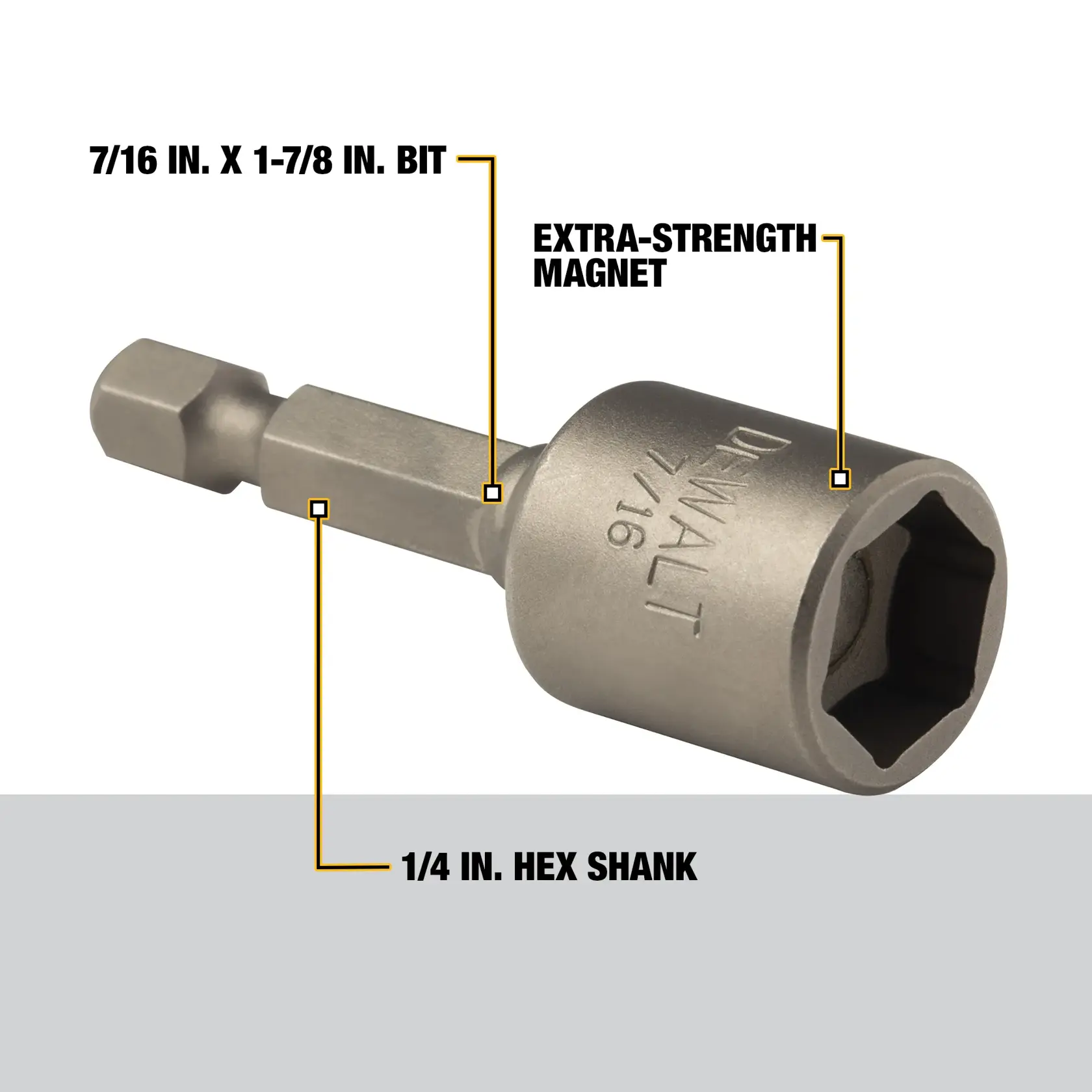 A DEWALT 7/16 inch x 1-7/8 inch magnetic nut driver bit with a 1/4 inch hex shank and an extra-strength magnet. The bit is shown with labels indicating its features.