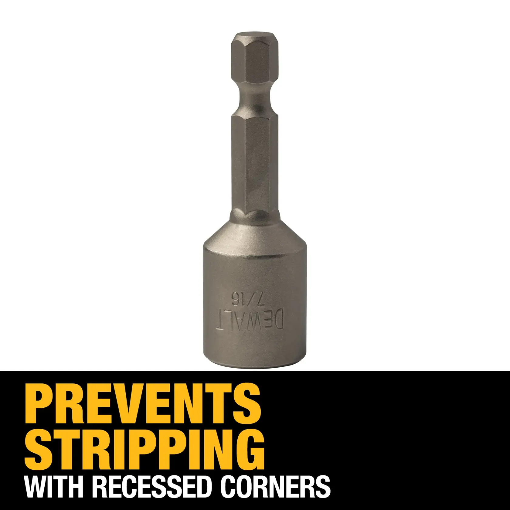 A DEWALT 7/16 inch power tool socket adapter is shown on a white background. The packaging text highlights that it prevents stripping with recessed corners.