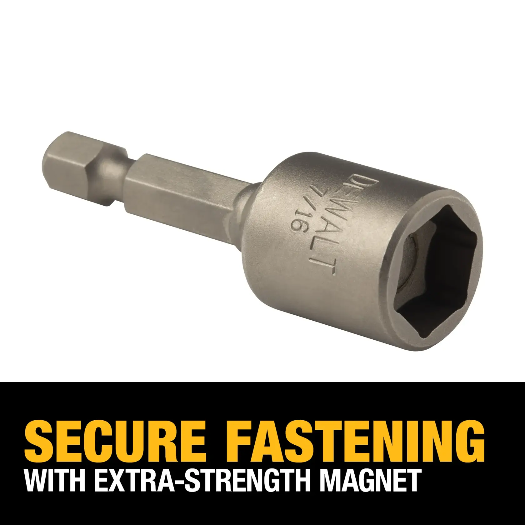 A DEWALT 7/16 inch magnetic nut driver bit is shown above text reading 'Secure fastening with extra-strength magnet.' The tool has a hex shank and socket head designed for secure fastening.