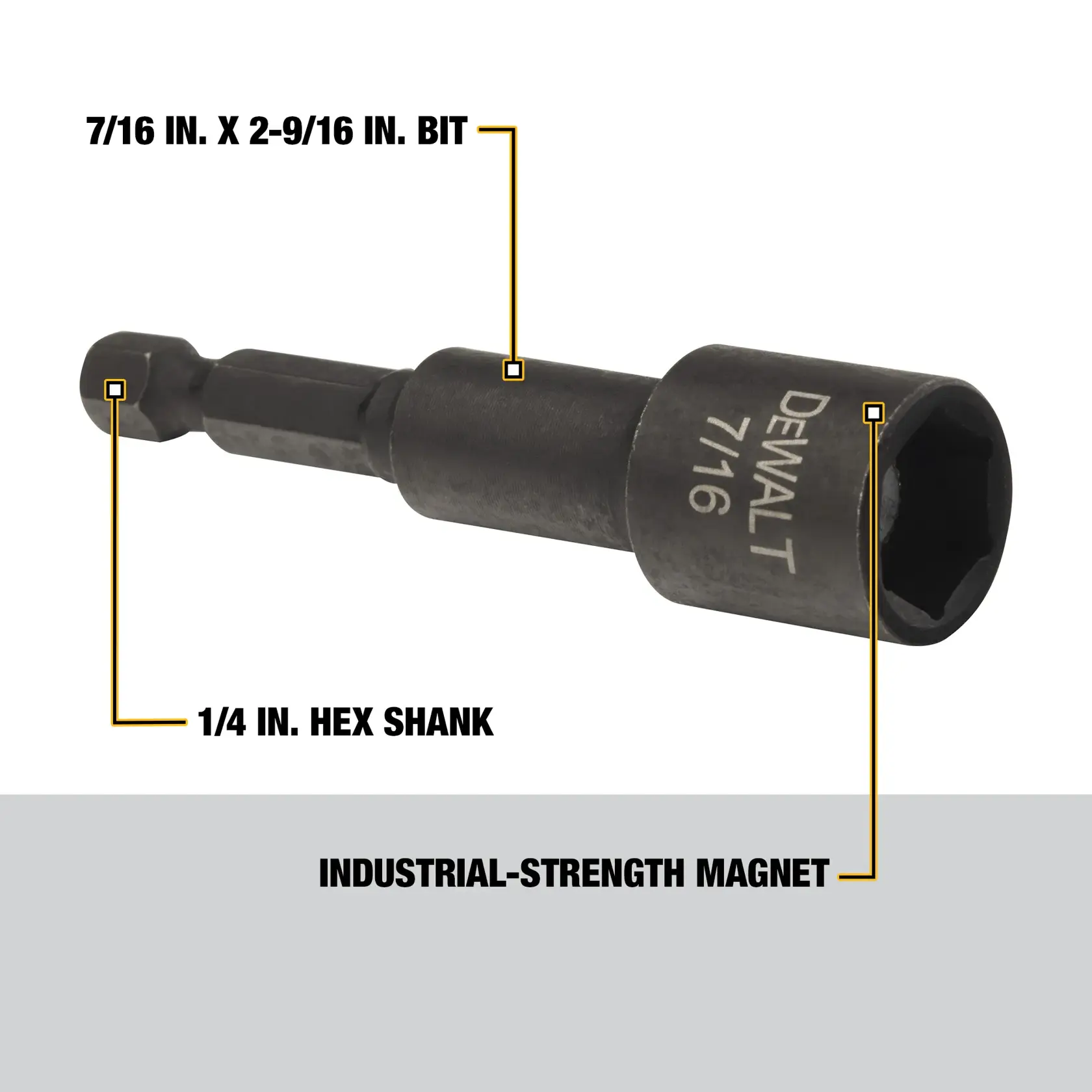 A close-up image of a DEWALT 7/16 inch magnetic nut driver bit with labeled features including a 7/16 inch by 2-9/16 inch bit size, a 1/4 inch hex shank, and an industrial-strength magnet.