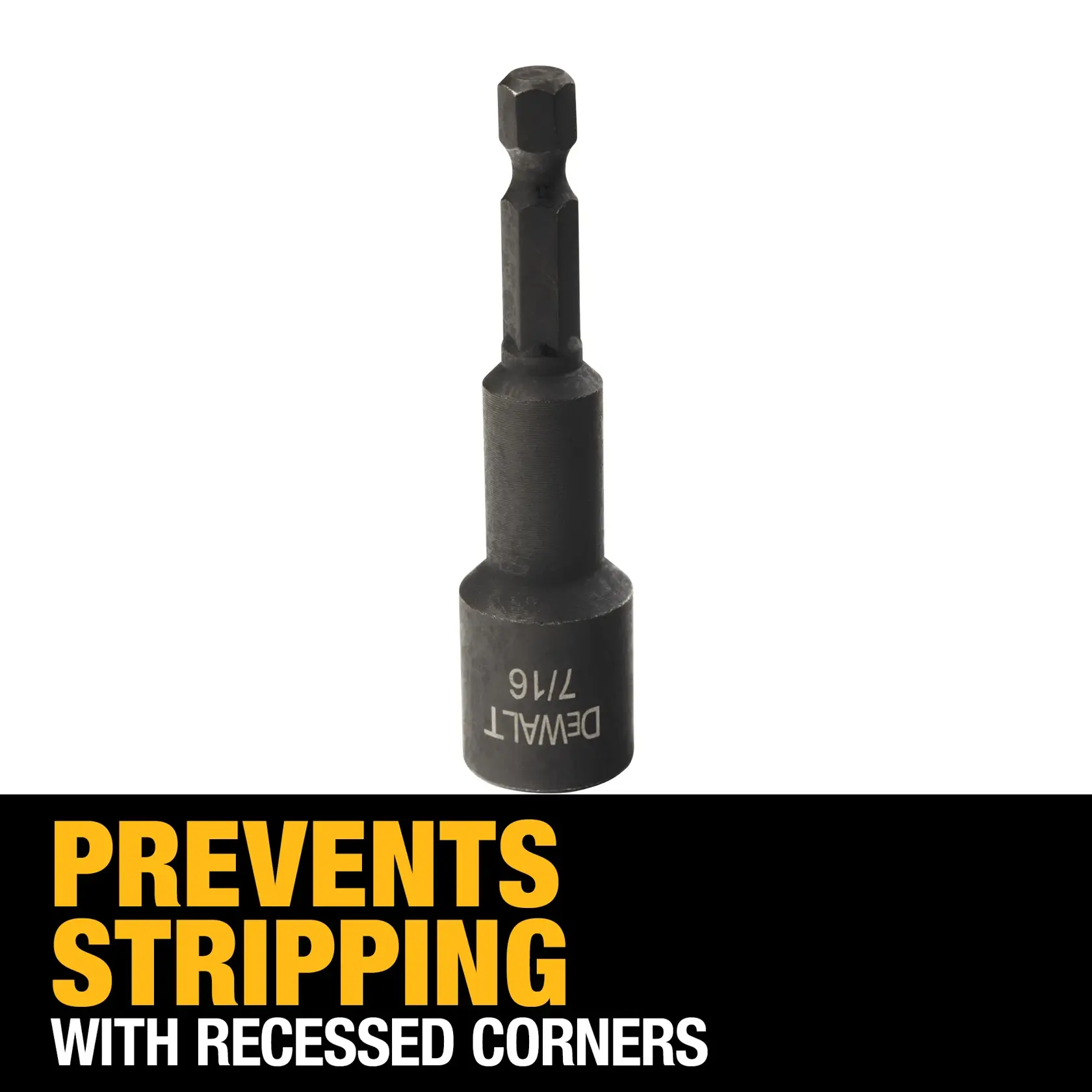 DEWALT 7/16 inch socket driver bit with a hex shank, shown above bold text that says 'Prevents stripping with recessed corners'.
