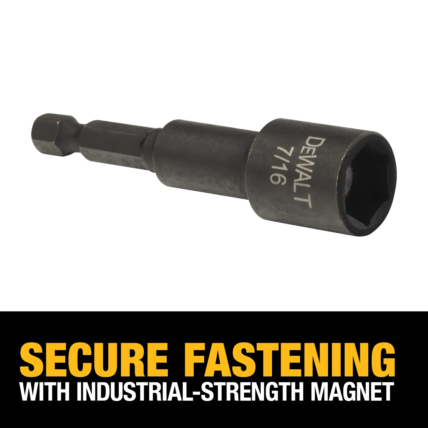A DEWALT 7/16 inch magnetic nut driver with an industrial-strength magnet, designed for secure fastening. The product is shown above promotional text highlighting its secure fastening capability.